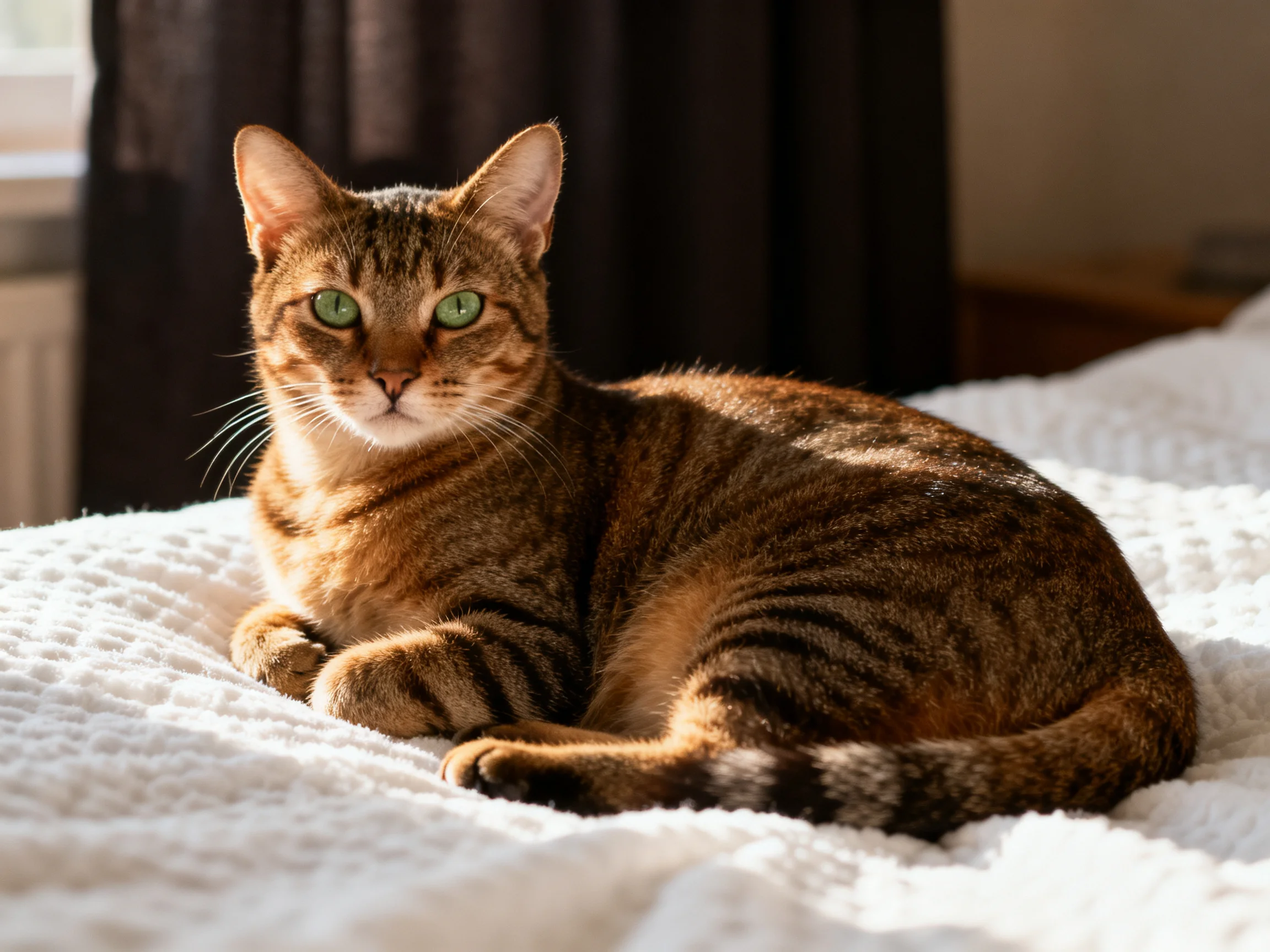 A brown tabby cat with green eyes rests on a white bed