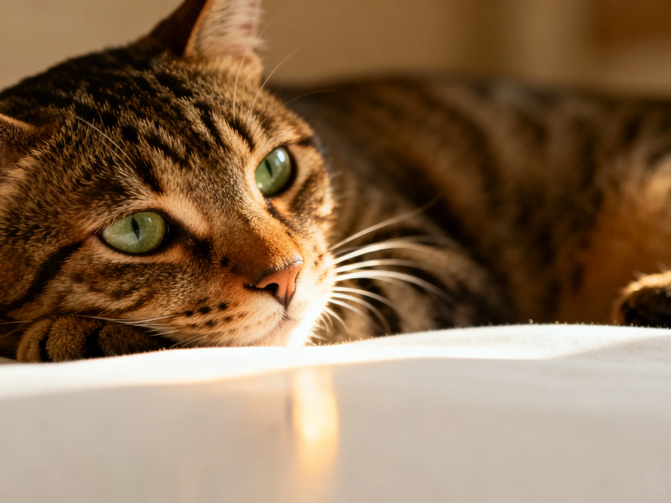 A brown tabby cat with green eyes rests on a white surface.