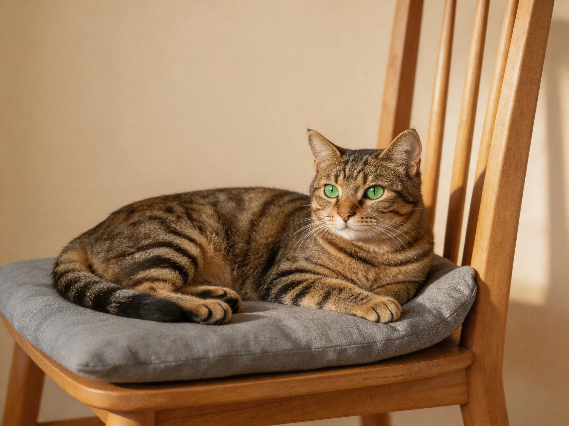 A brown tabby cat with green eyes relaxes on a wooden chair with a gray cushion.