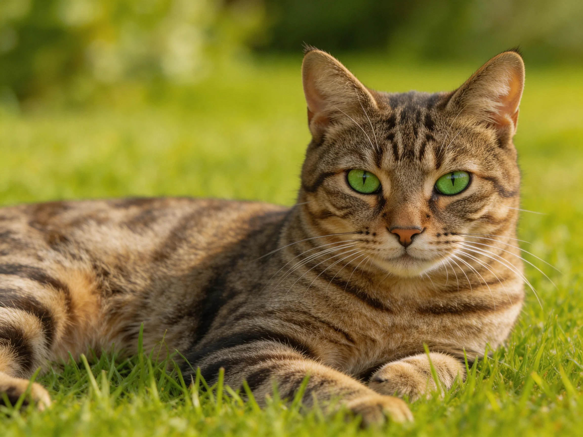 A brown-tabby cat with green eyes relaxes on green grass.