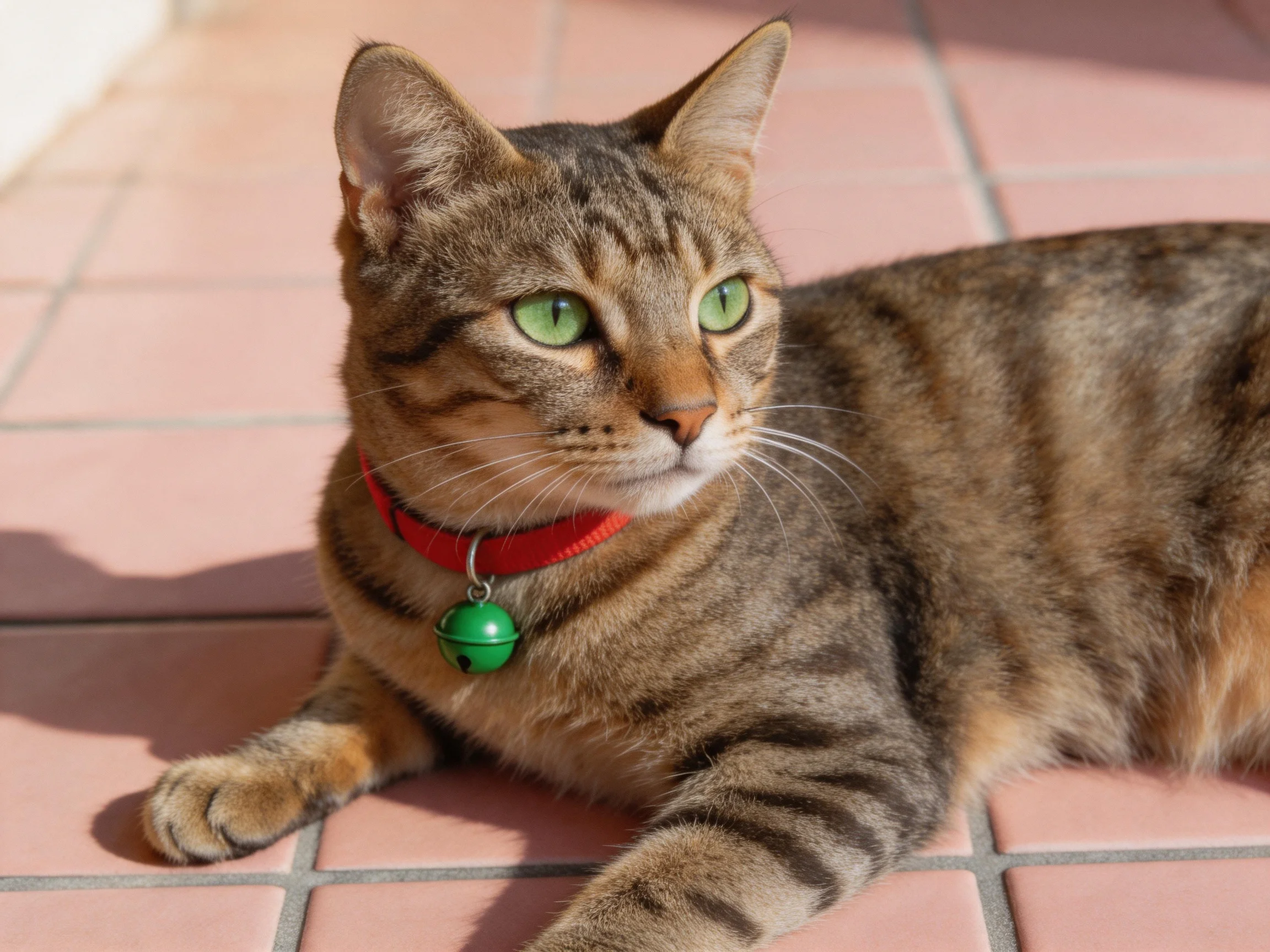 A brown tabby cat with green eyes relaxes on pink tiles