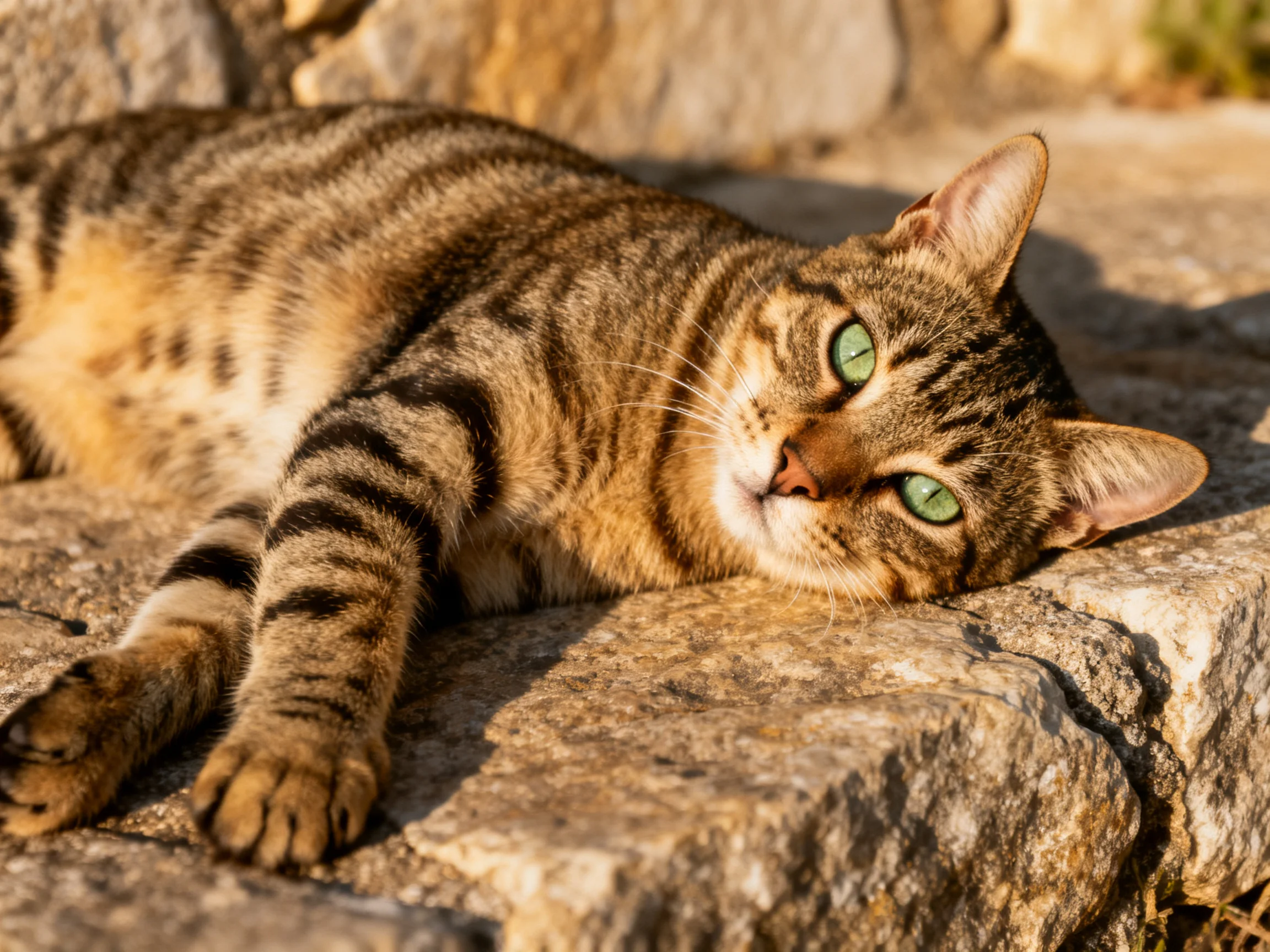 A brown tabby cat with green eyes relaxes on stone