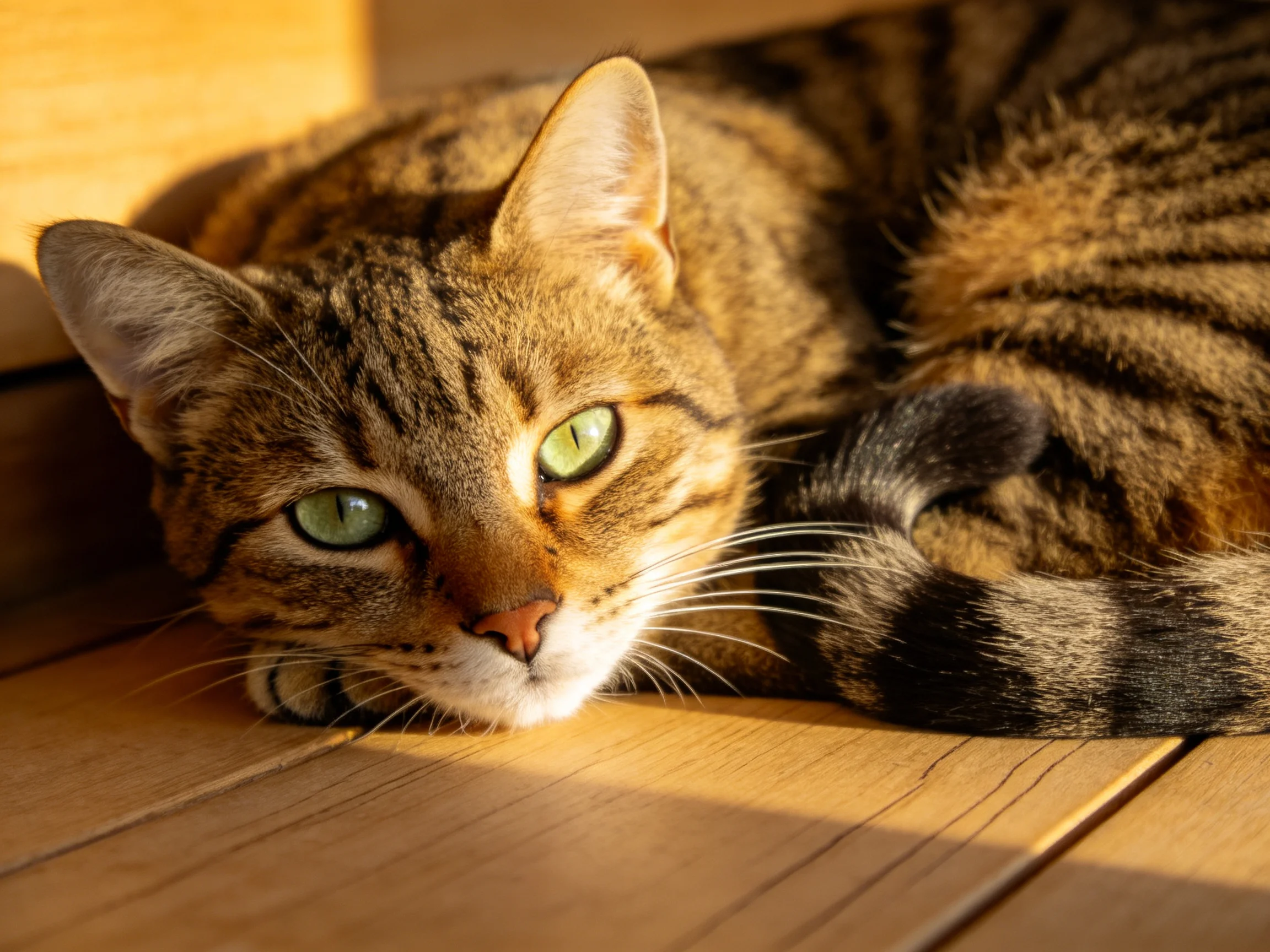 A brown tabby cat with green eyes relaxes on wooden flooring in sunlight.