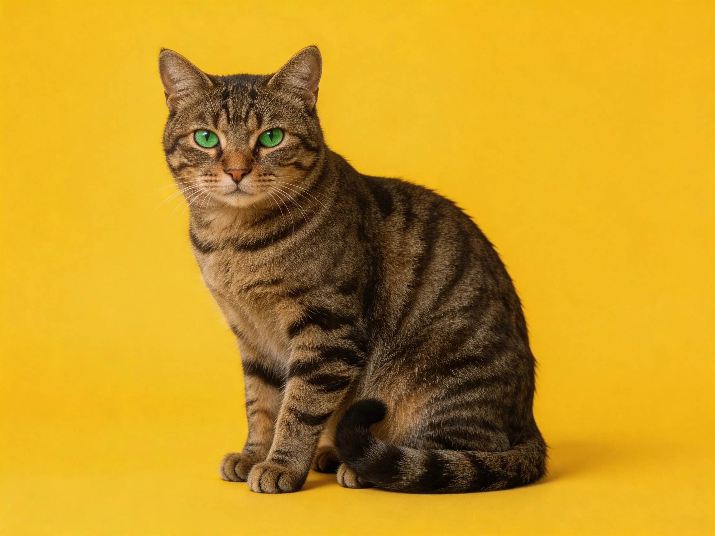A brown tabby cat with green eyes sits against a bright yellow background.