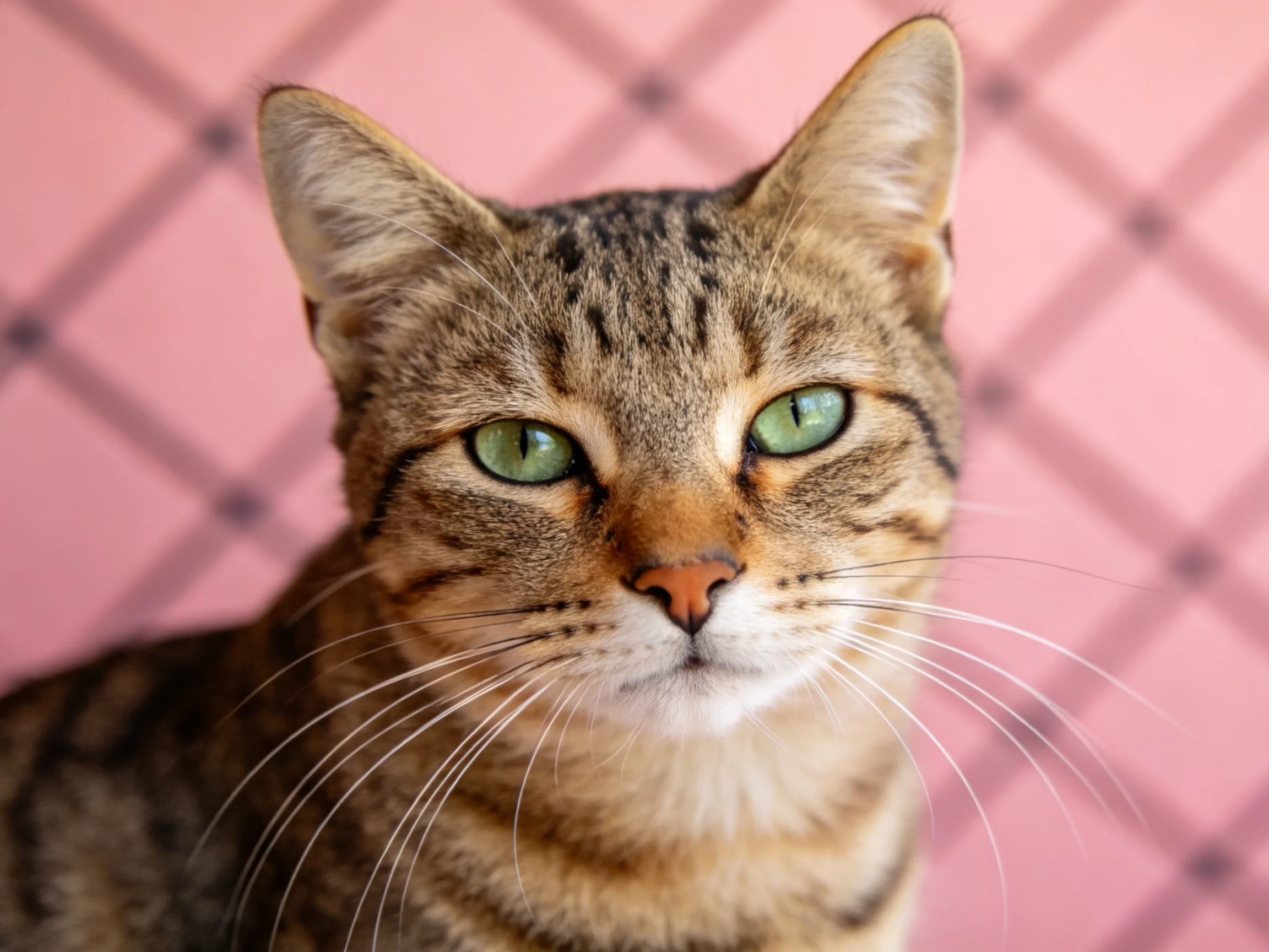 A brown tabby cat with green eyes rests near a pink patterned wall.