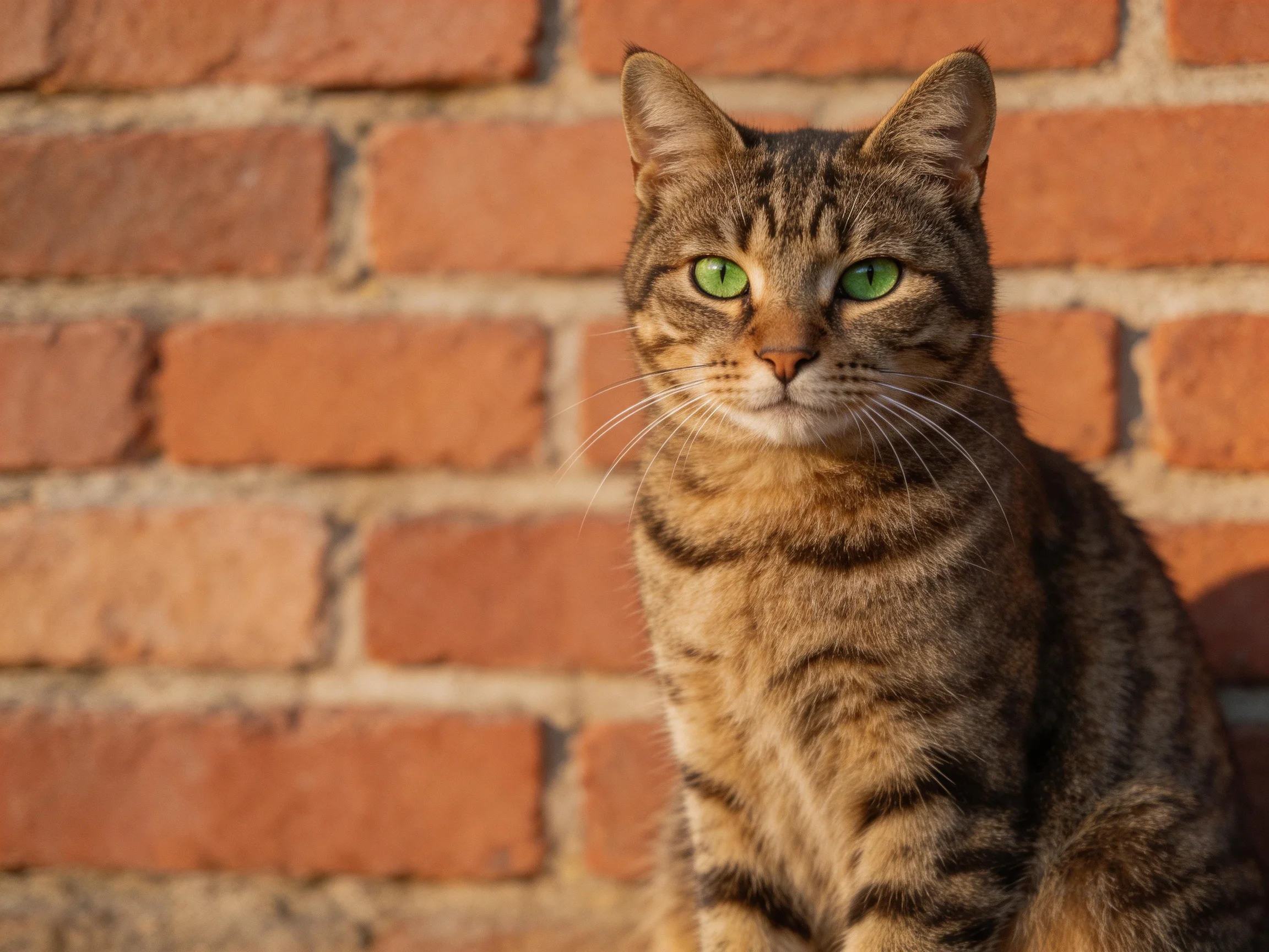 A brown tabby cat with green eyes sits near a red brick wall.