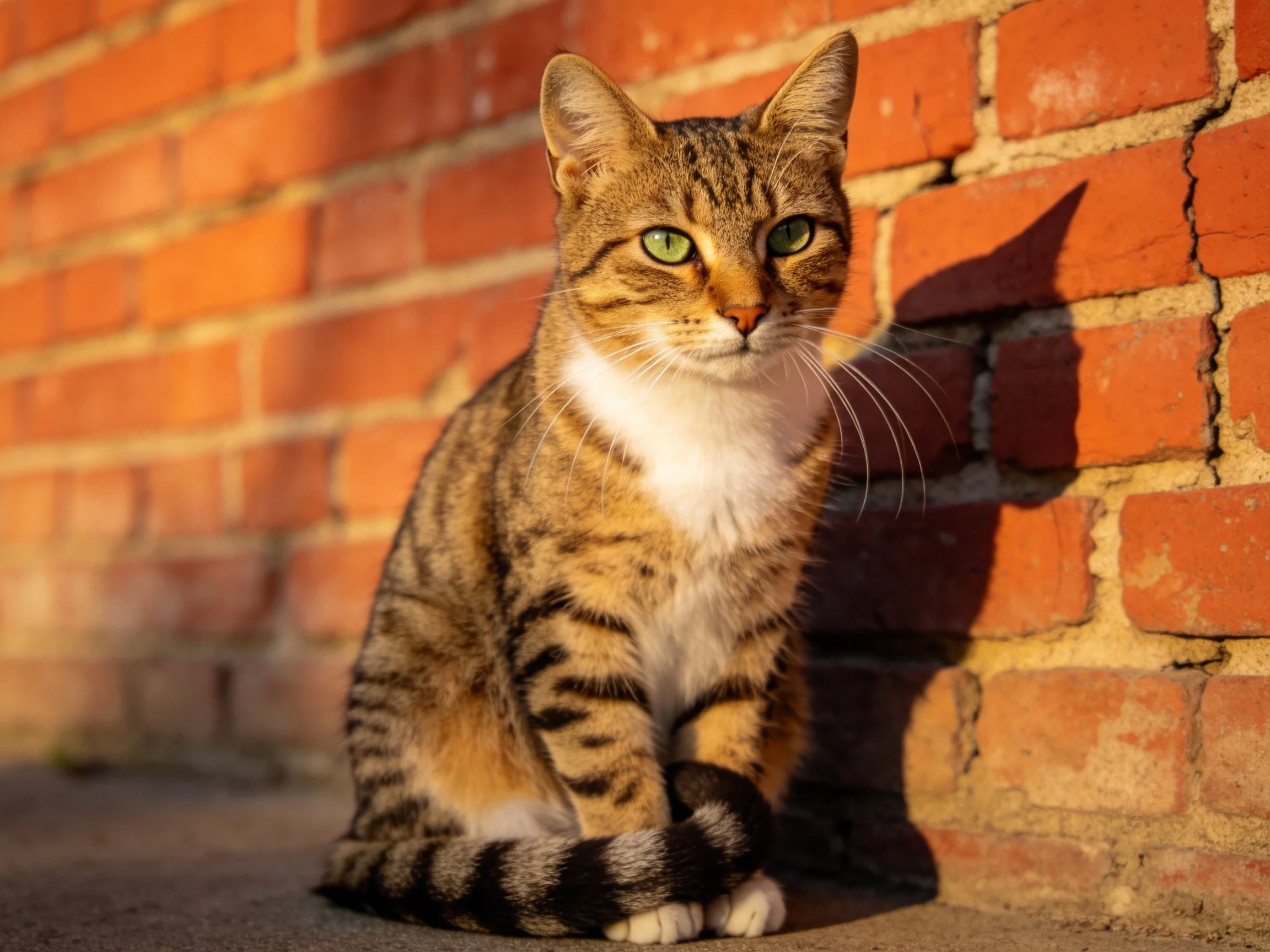 A brown tabby cat with green eyes sits near a red brick wall in sunlight.
