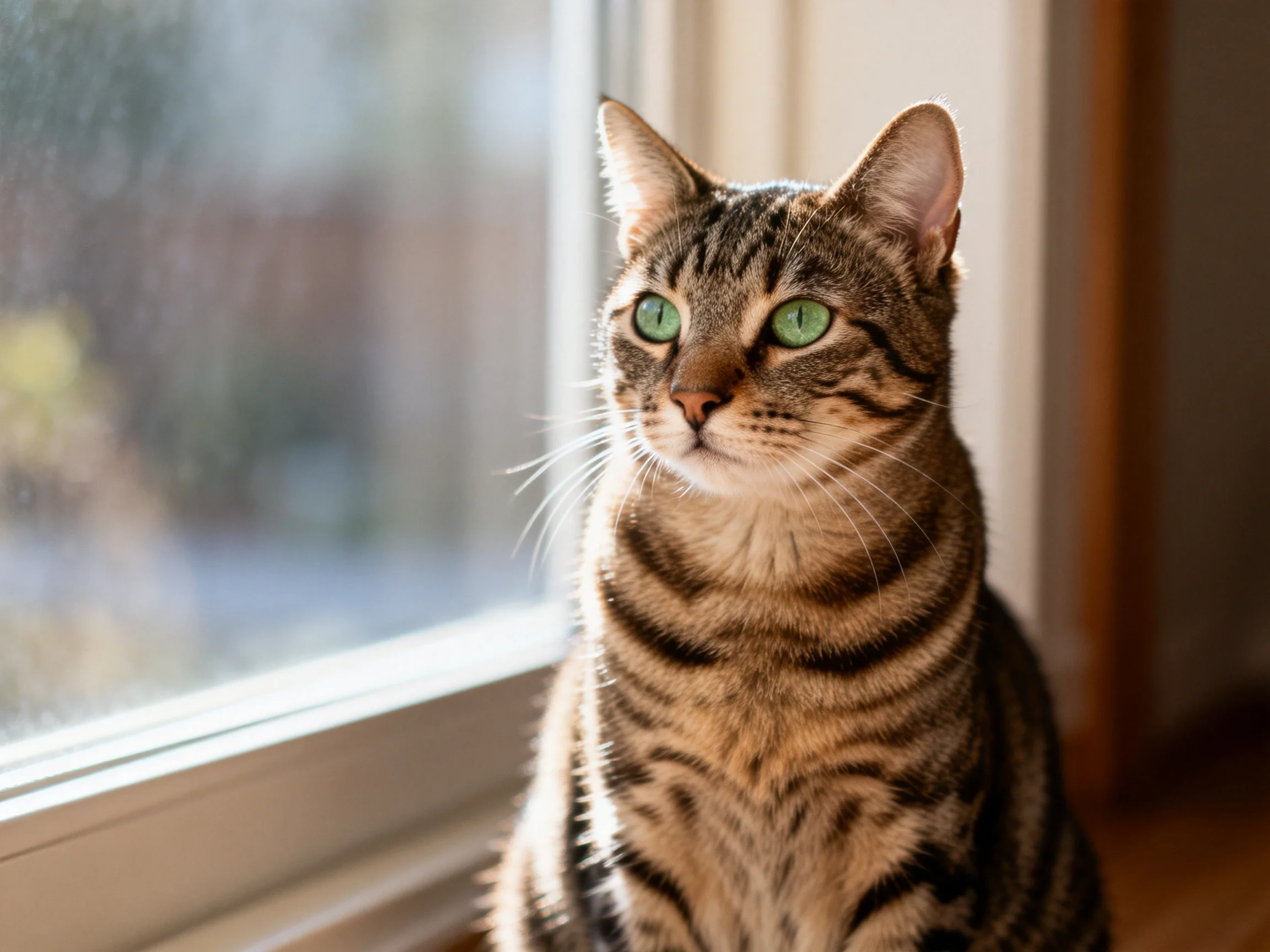 A brown tabby cat with green eyes sits calmly near a bright window.