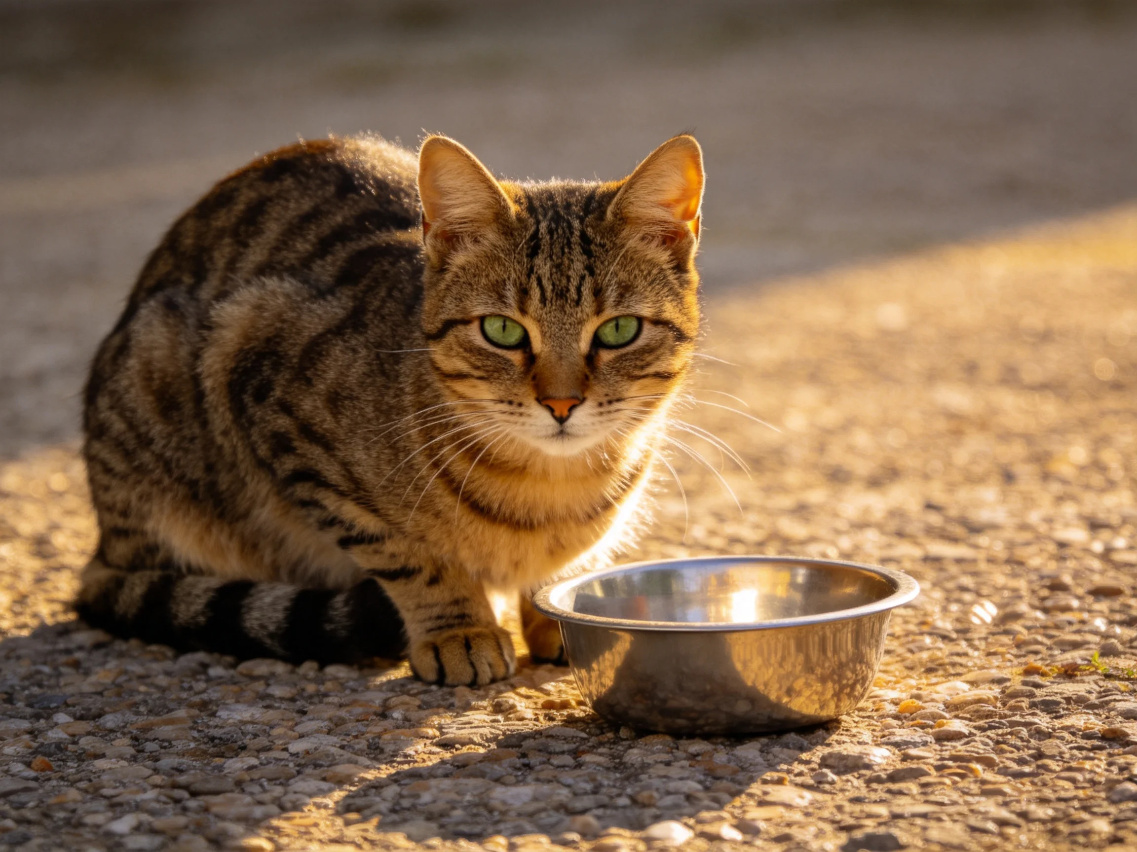 A brown tabby cat with green eyes sits near a metallic bowl on gravel.