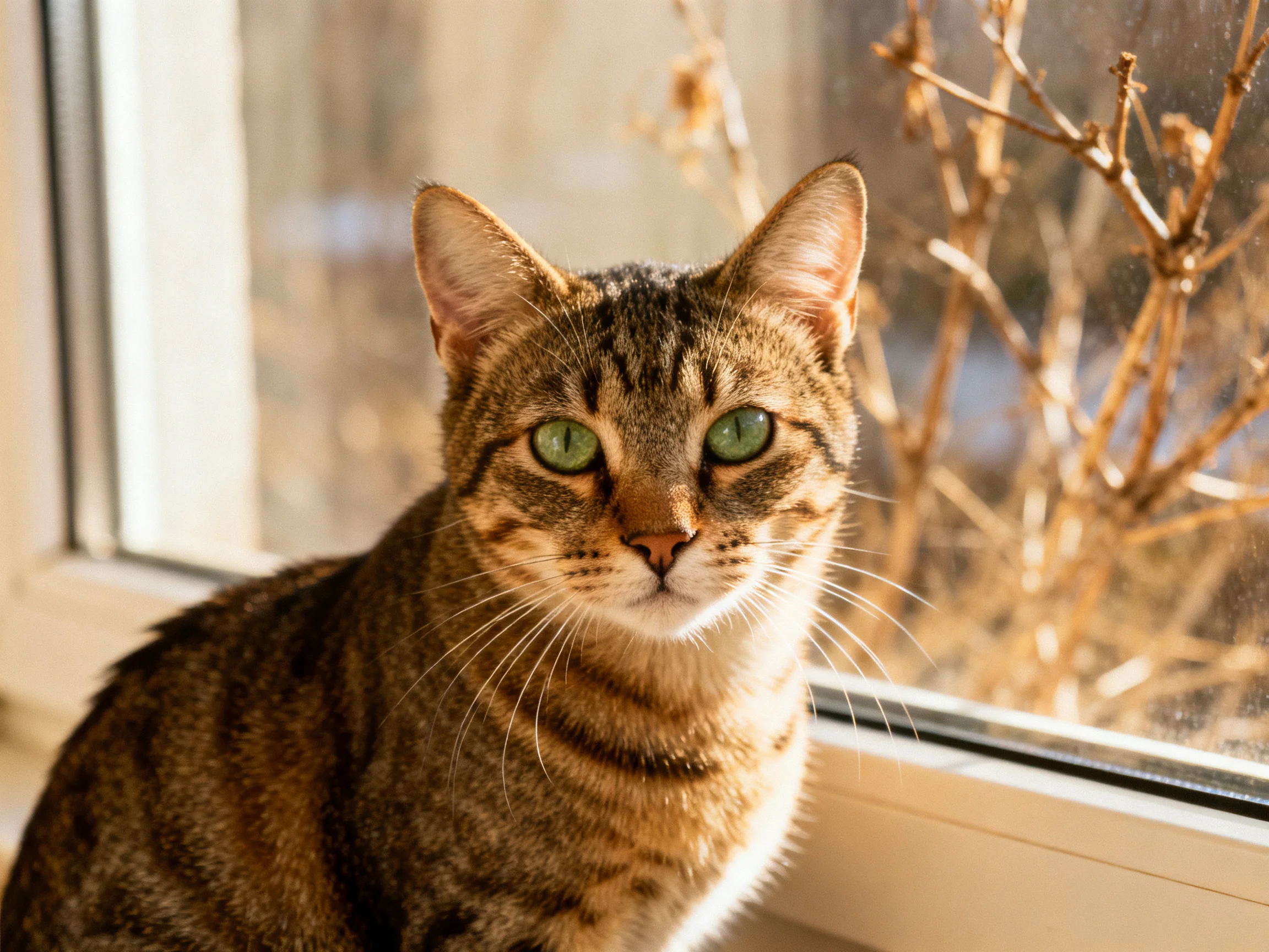 A brown tabby cat with green eyes sits near a sunlit window with dried branches outside.