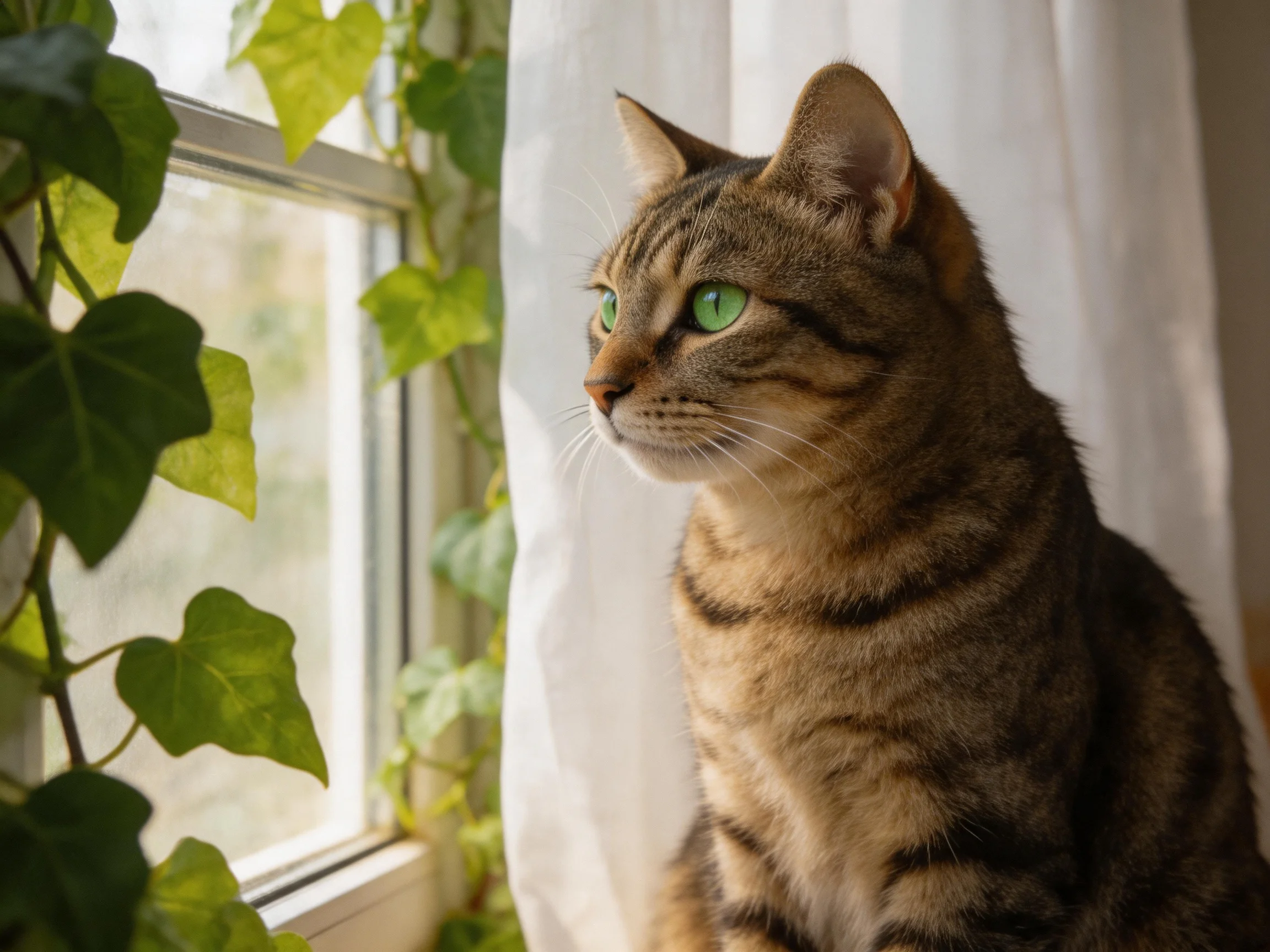 A brown tabby cat with green eyes sits near a sunlit window with ivy.