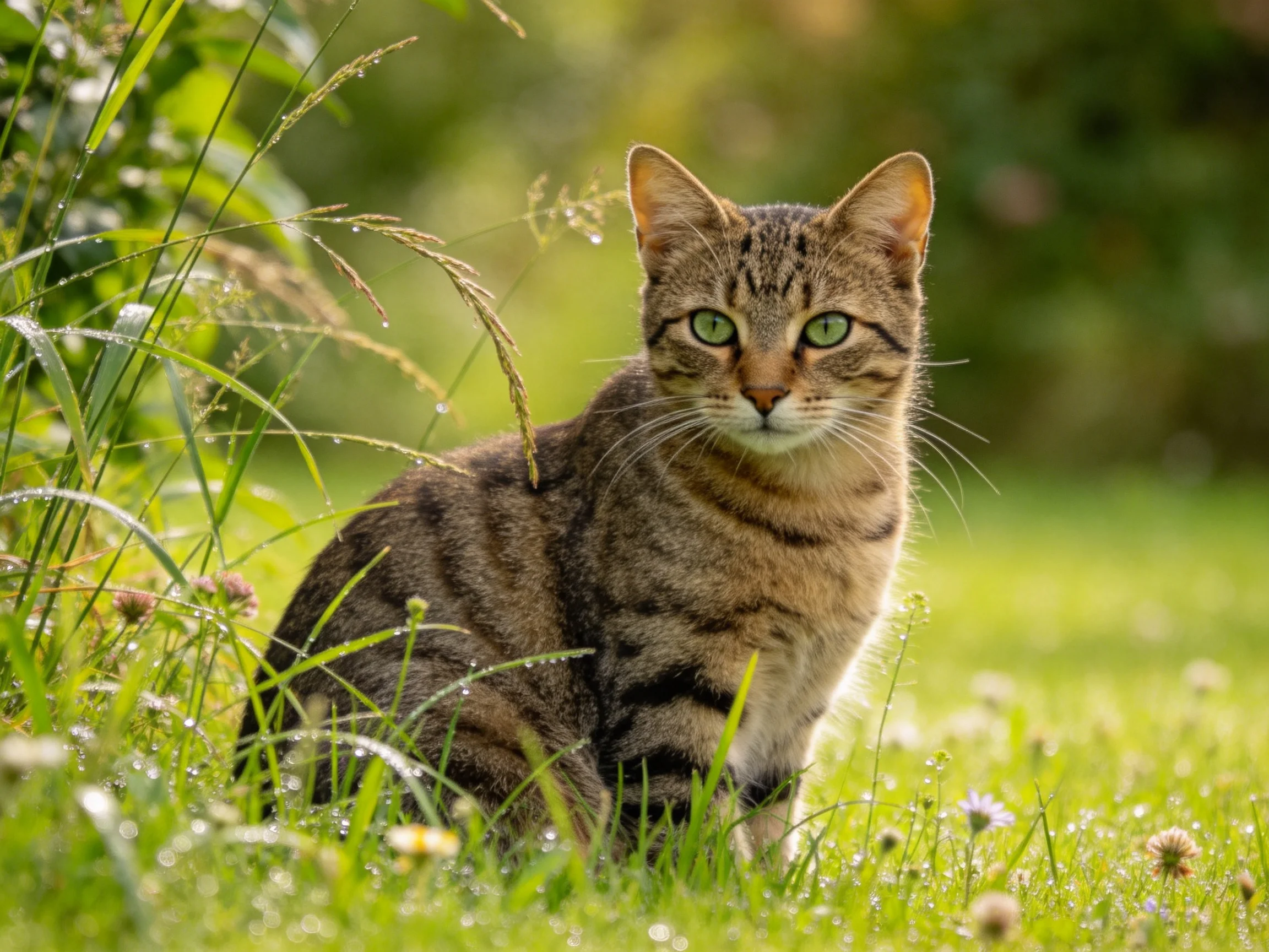 A brown tabby cat with green eyes sits peacefully in a sunlit grassy area.