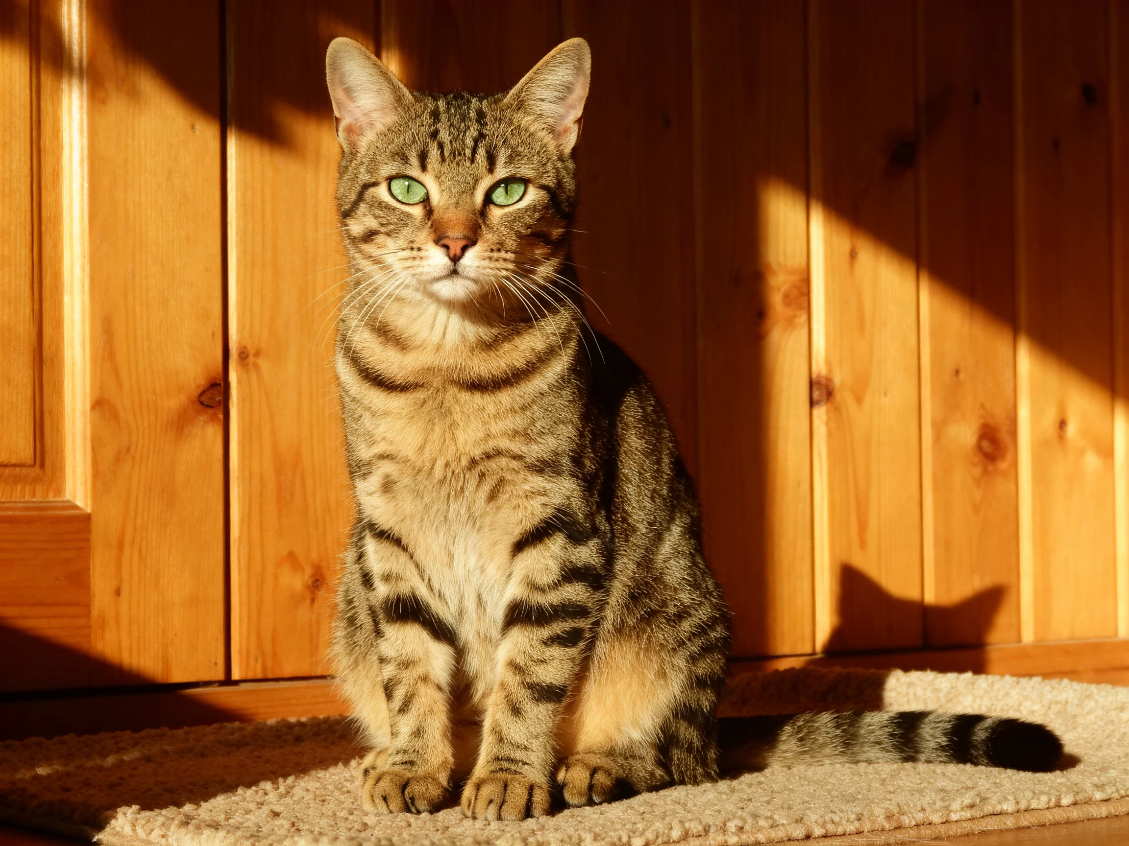 A brown tabby cat with green eyes sits near wooden walls.