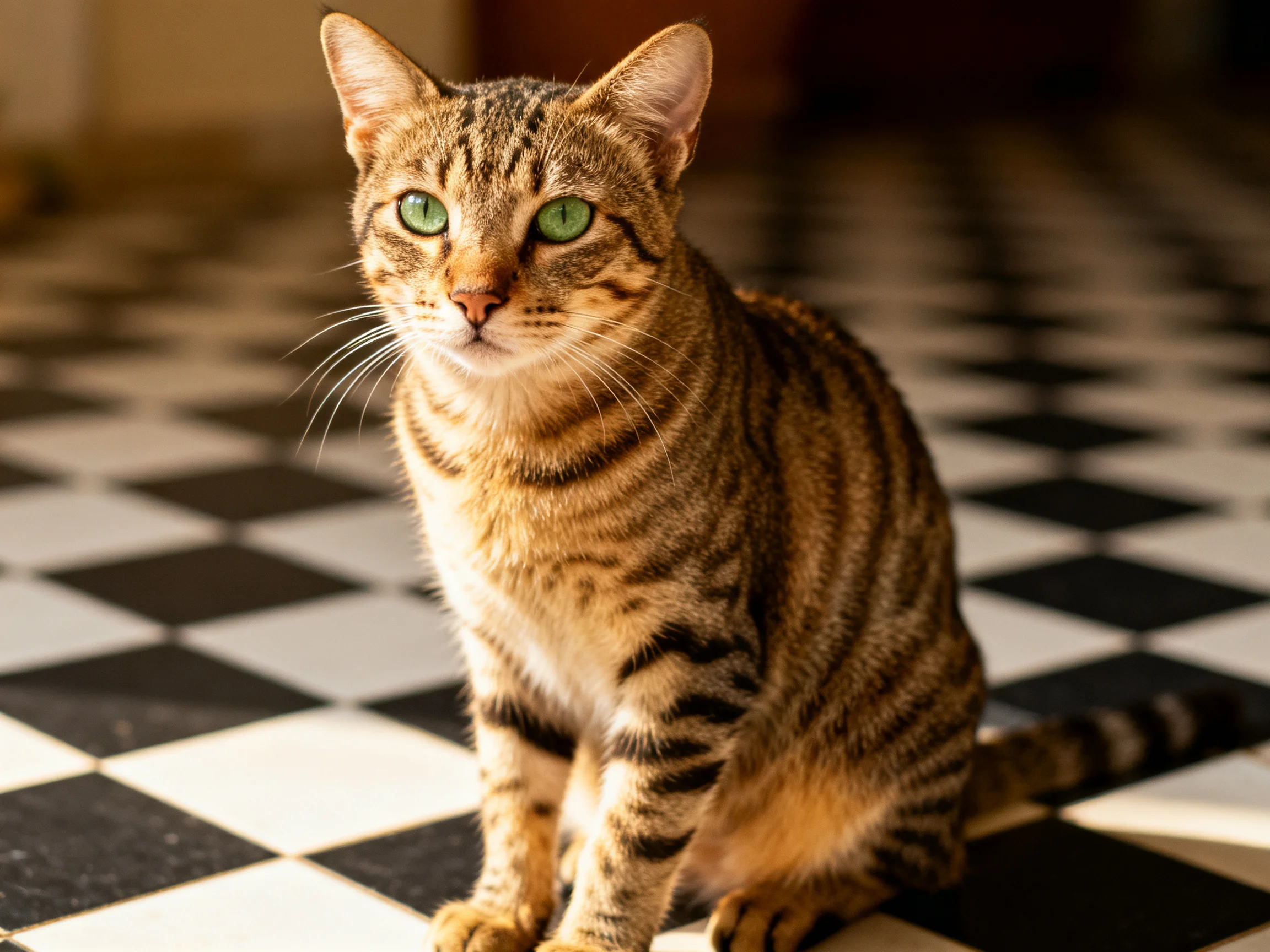 A brown tabby cat with green eyes sits on a black and white checkered floor.