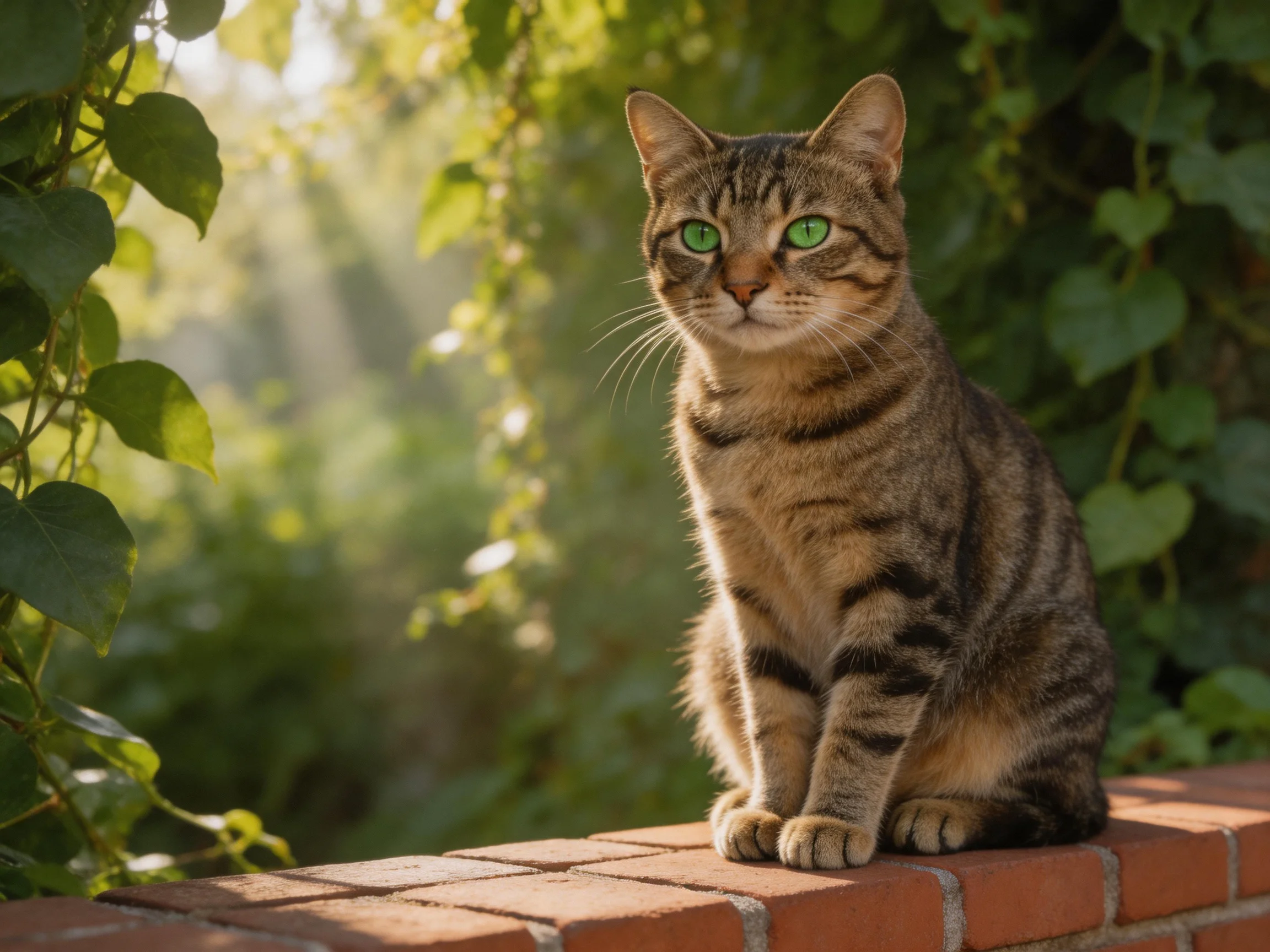 A brown tabby cat with green eyes sits on a brick ledge in a sunlit garden setting.