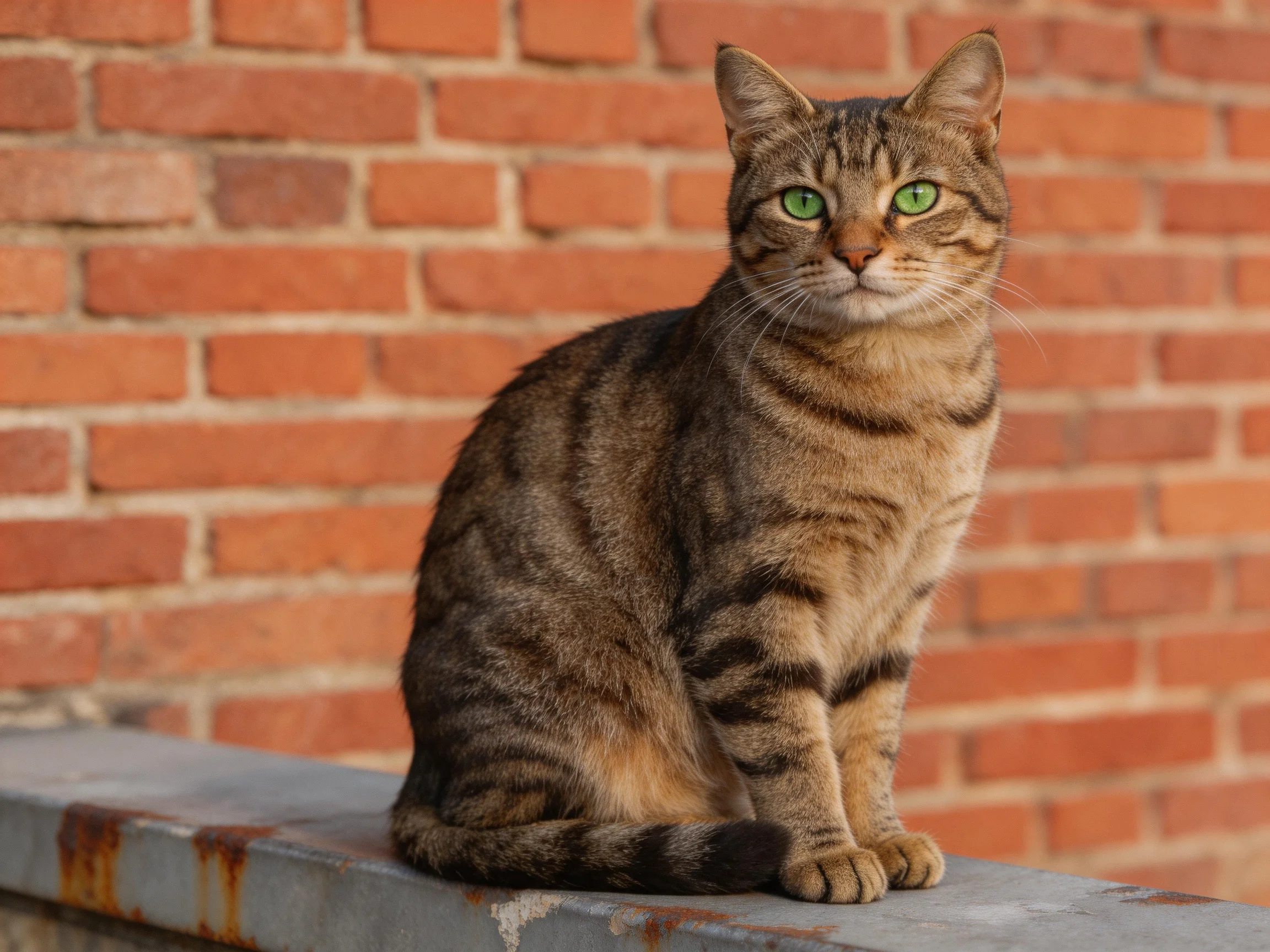 A brown tabby cat with green eyes sits calmly on a ledge adjacent to a red brick wall.