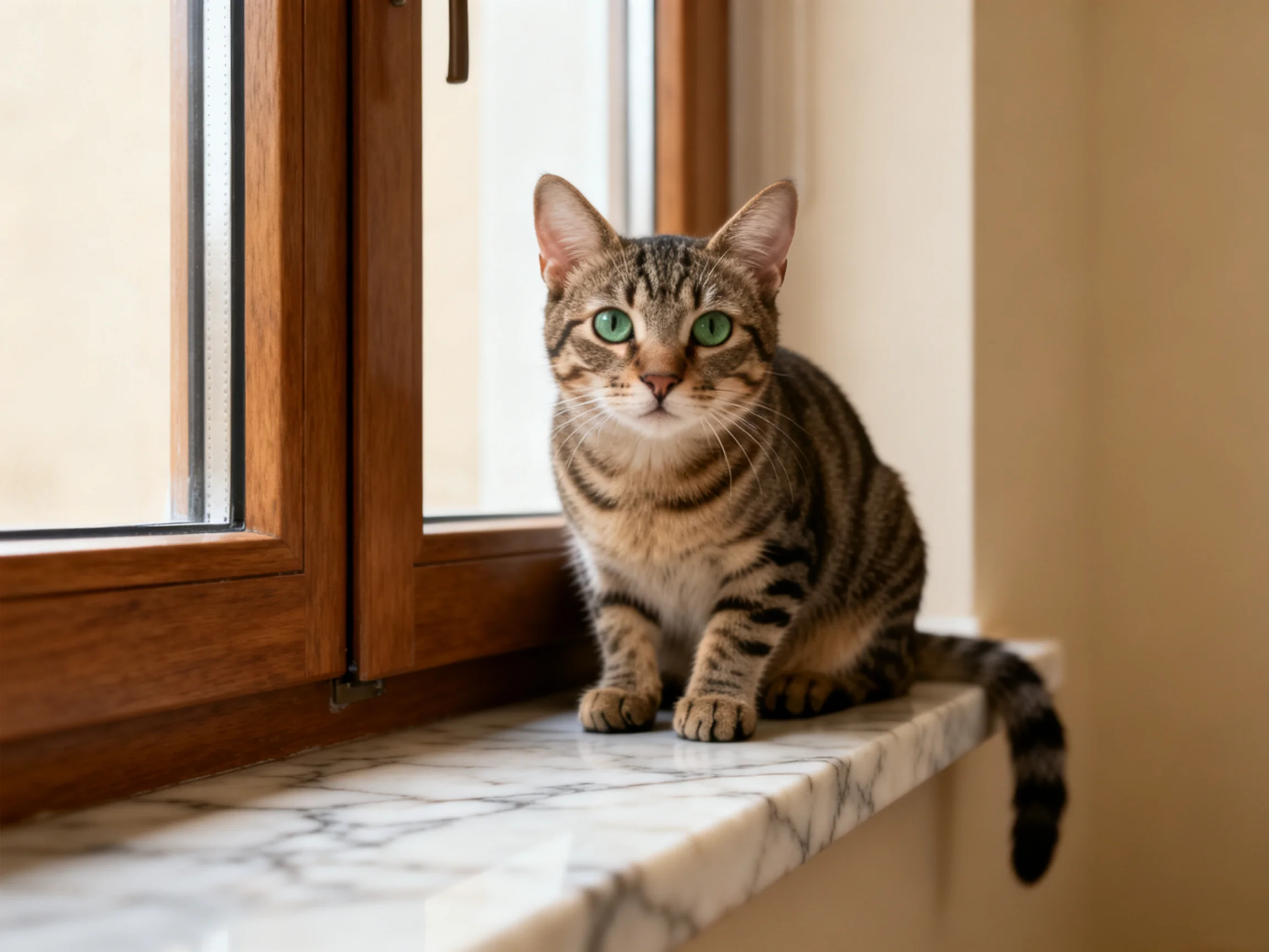 A brown tabby cat with green eyes sits on a marble windowsill.