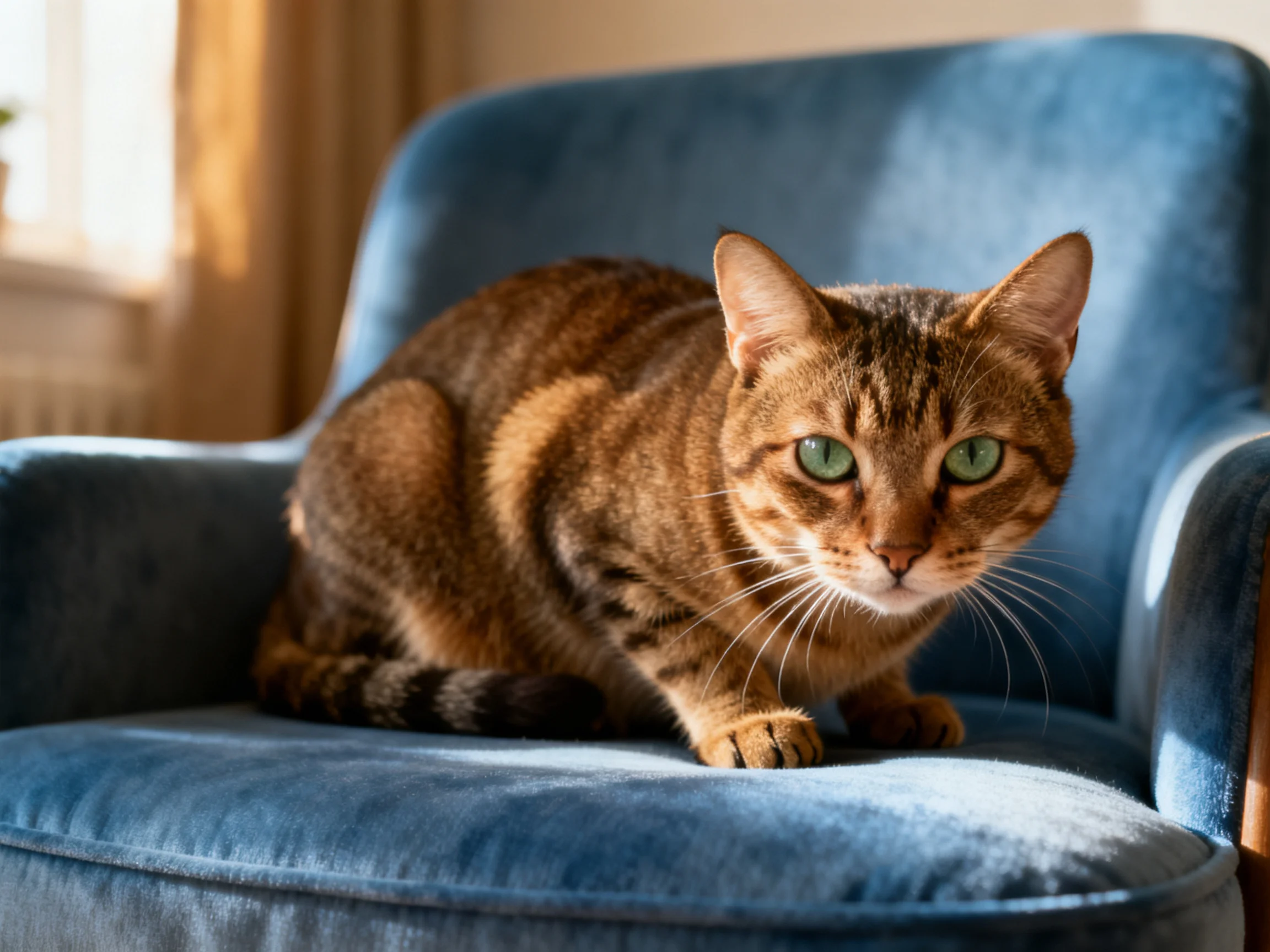 A brown tabby cat with green eyes rests on a plush blue armchair
