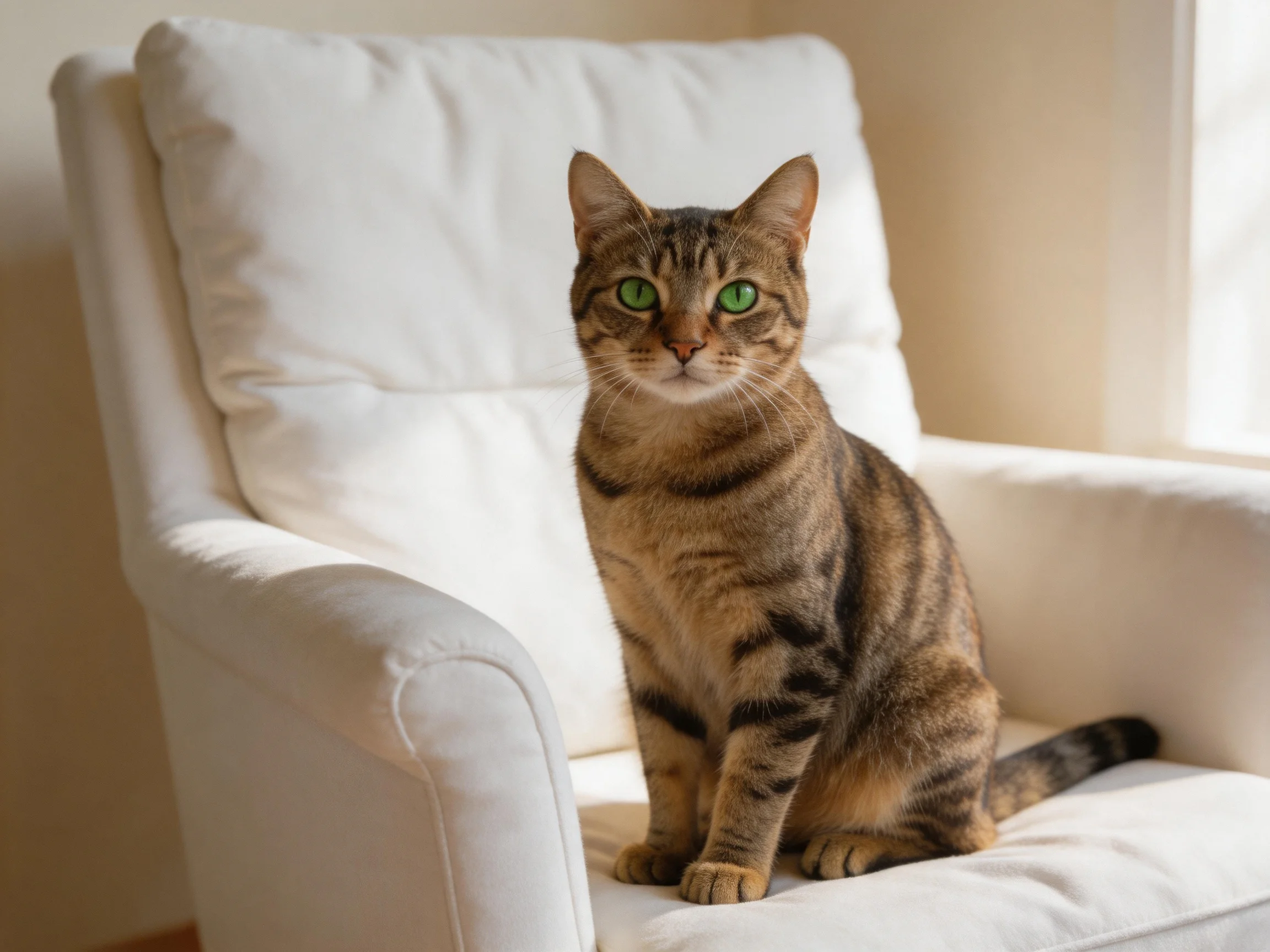 A brown tabby cat with green eyes sits on a white armchair.