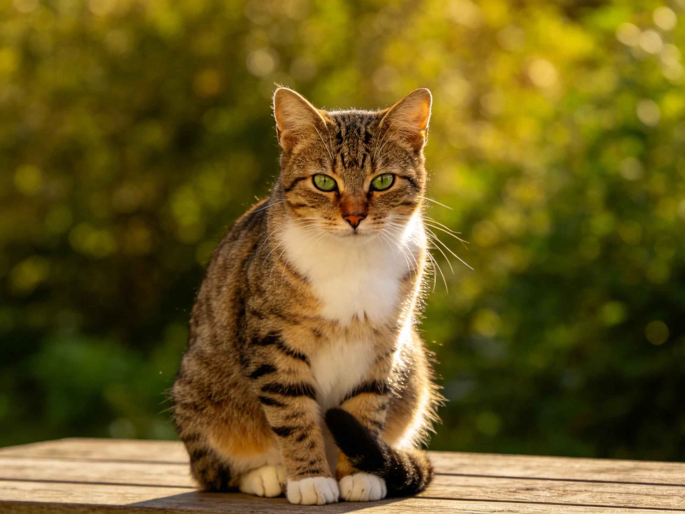 A tabby cat with green eyes sits on a wooden surface in an outdoor setting.