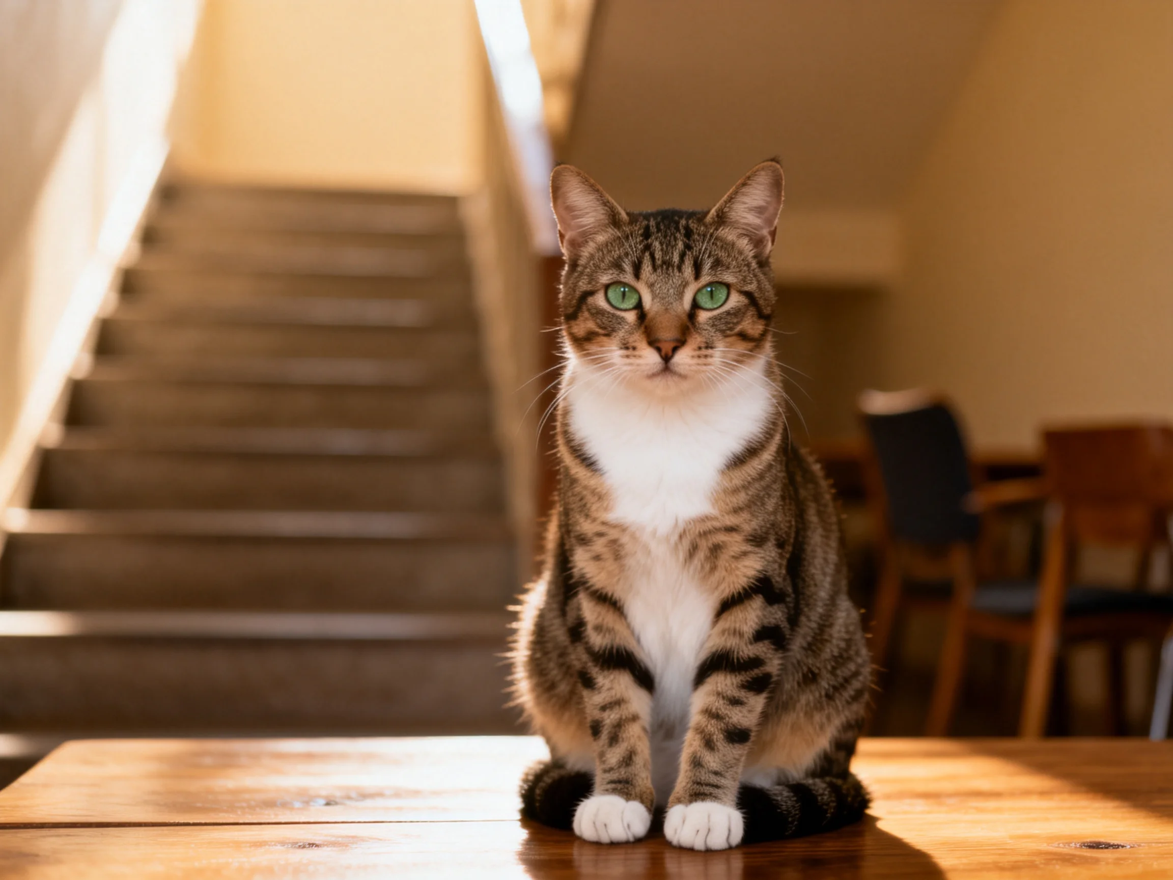 A brown tabby cat sits on a wooden table near a carpeted staircase.