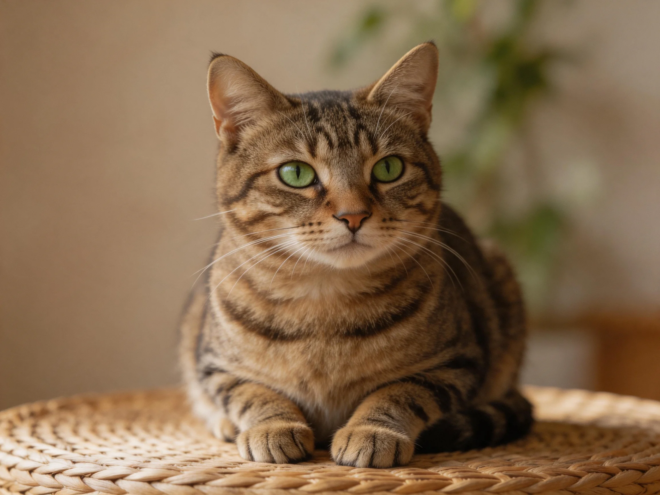 A brown tabby cat with green eyes rests on a woven basket