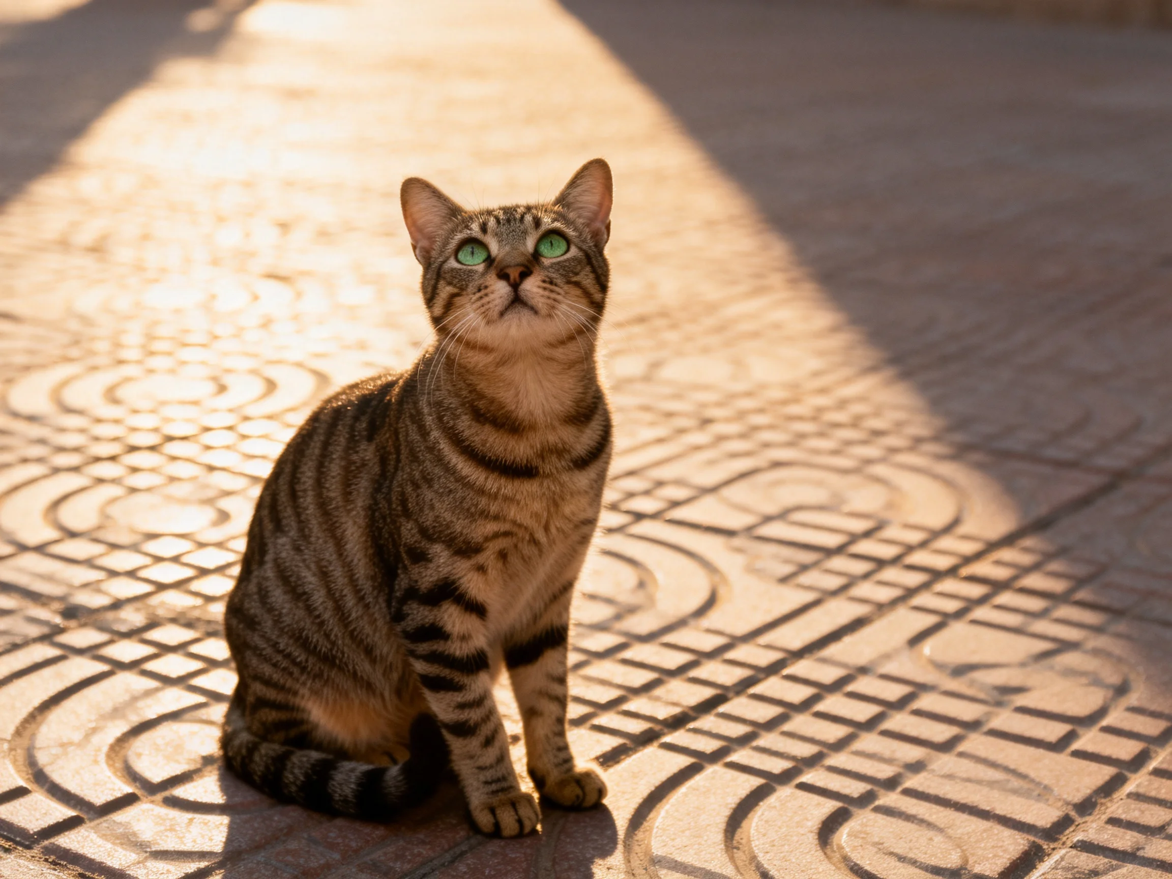 A brown tabby cat with green eyes rests on a decorated pavement in sunlight.