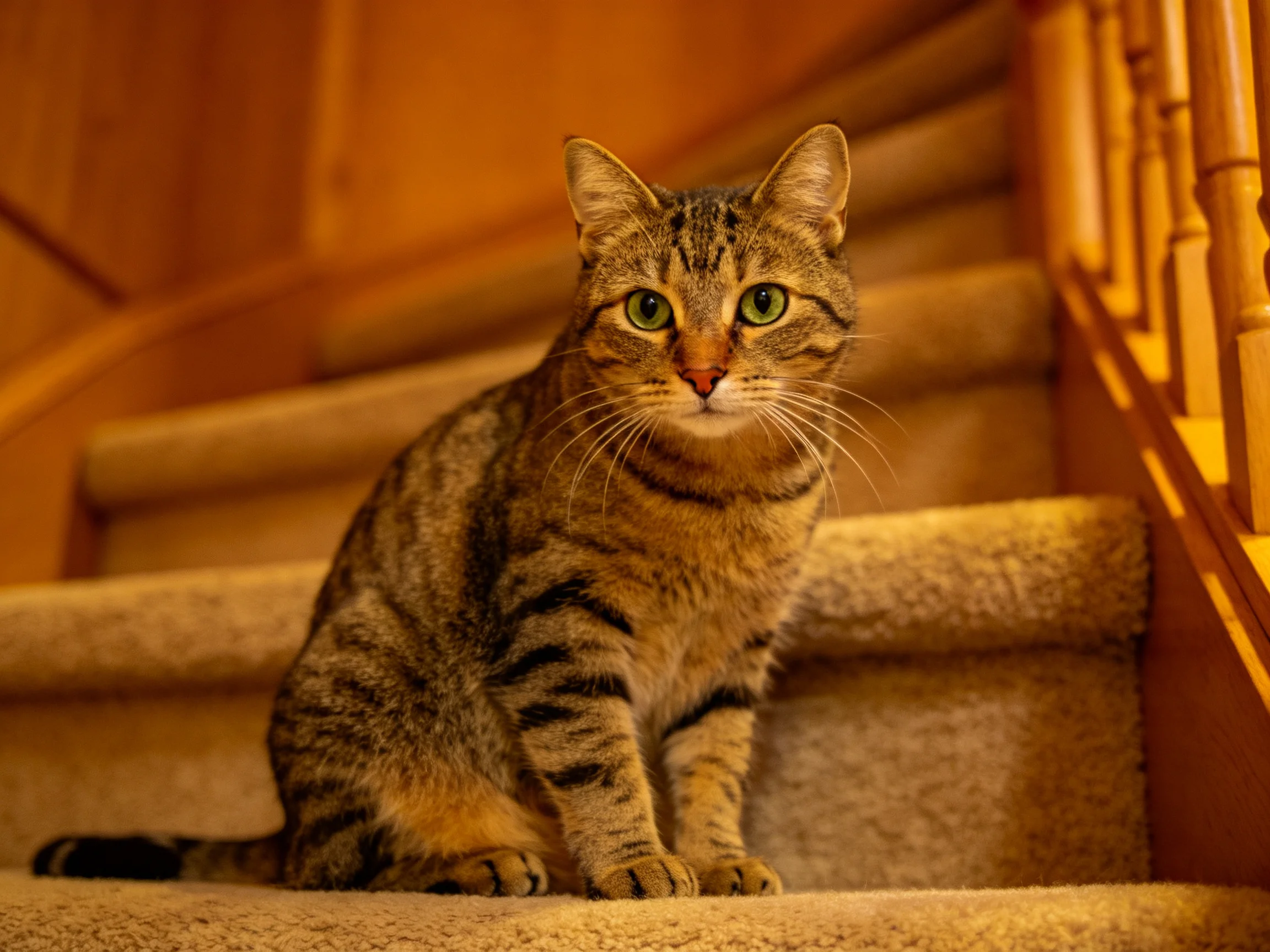 A tabby cat with green eyes sits on carpeted stairs in a warmly lit interior.