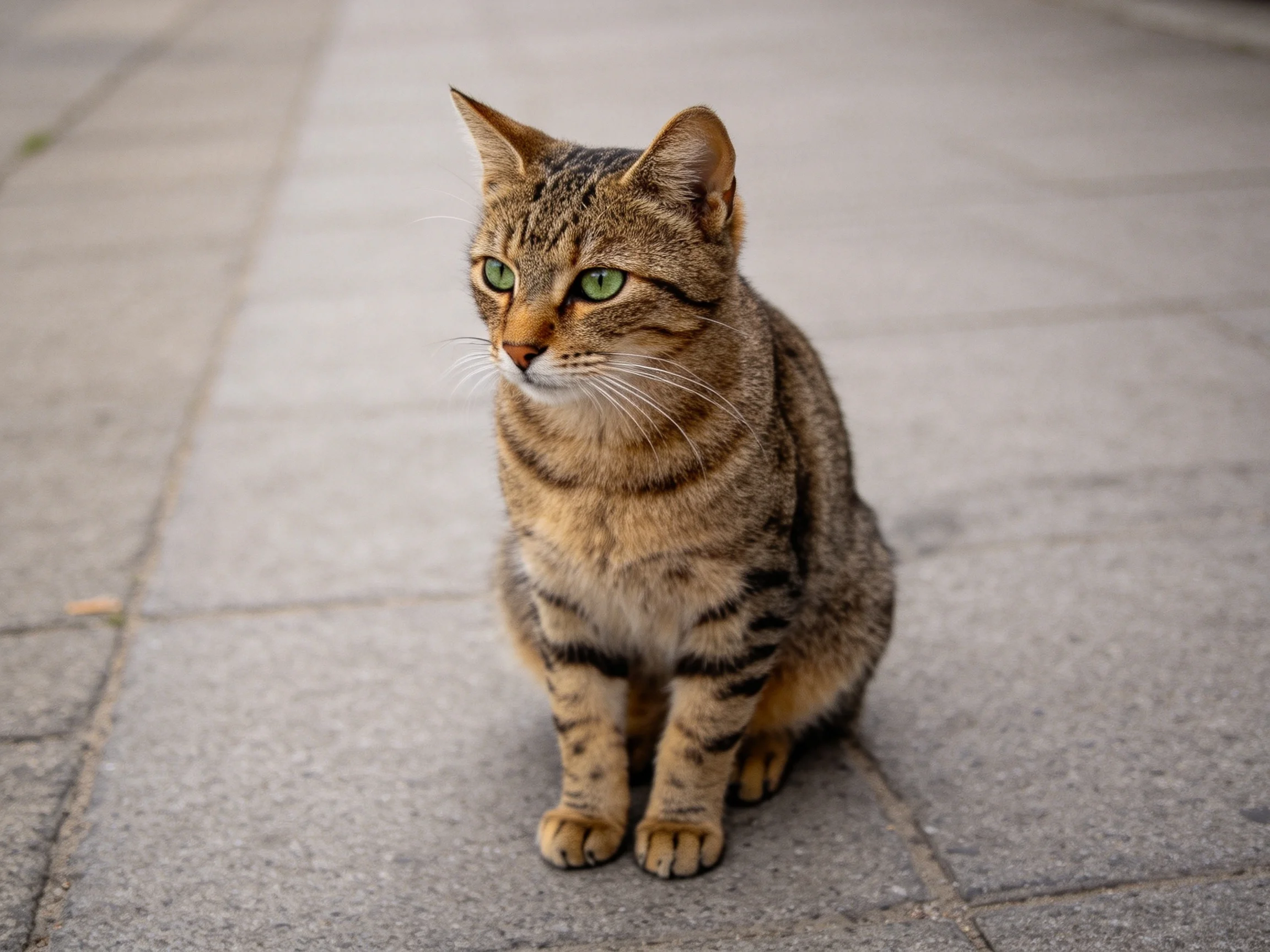 A brown tabby cat with green eyes sits calmly on pavement.