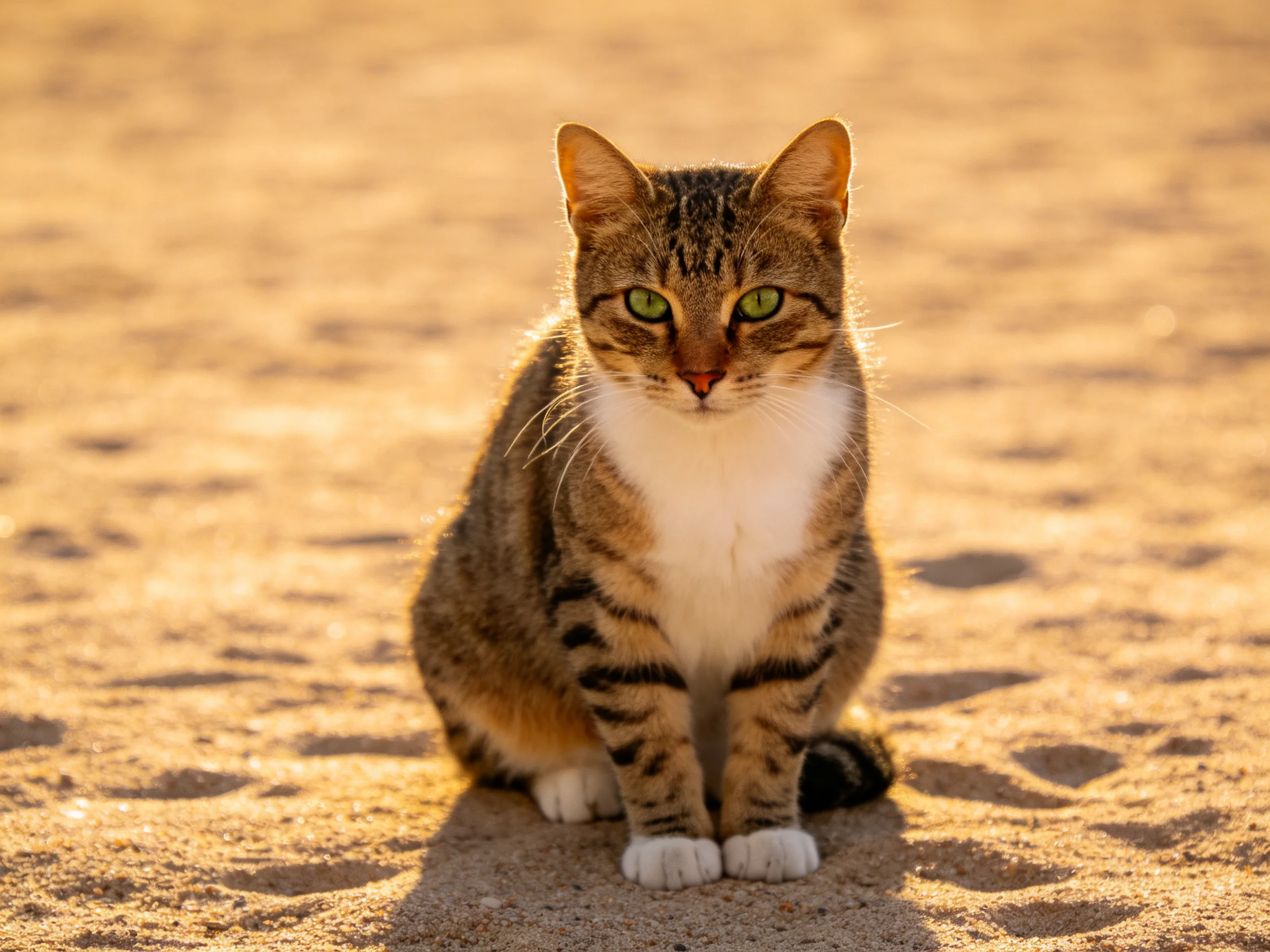 A brown tabby cat with green eyes sits calmly on sandy ground.
