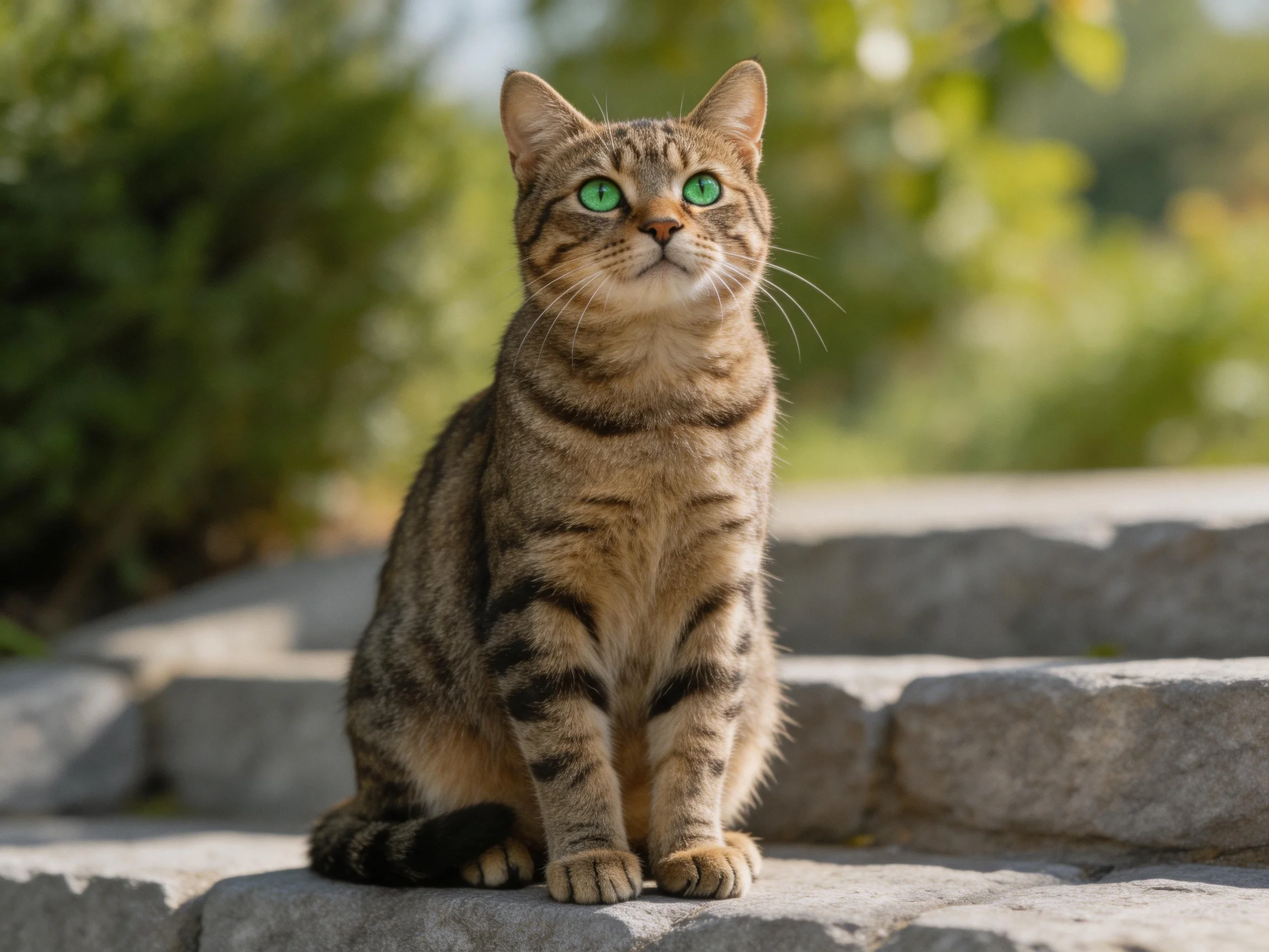 A brown tabby cat with green eyes sits on stone steps outside.