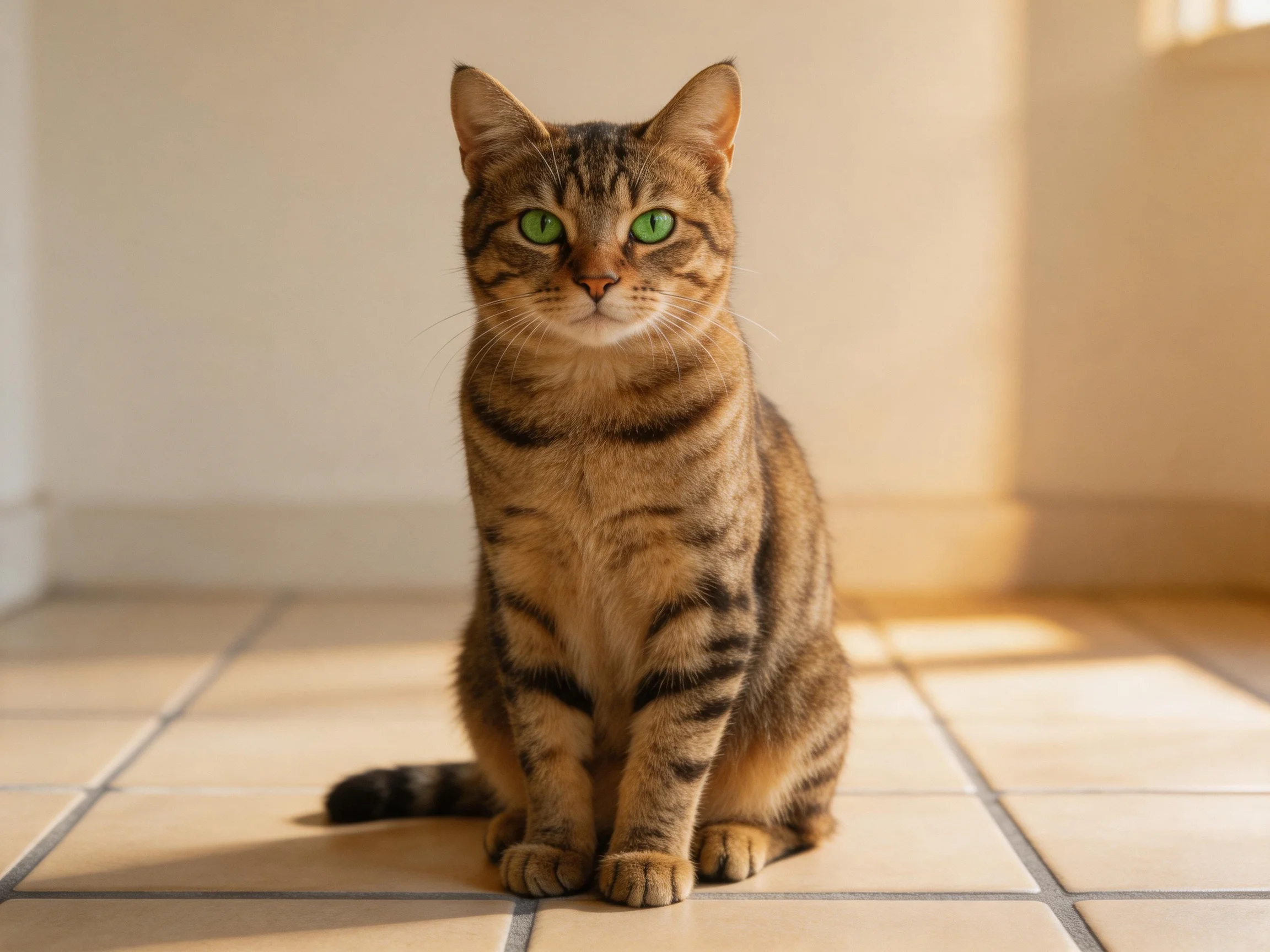 A brown tabby cat with green eyes sits calmly on tiled flooring.