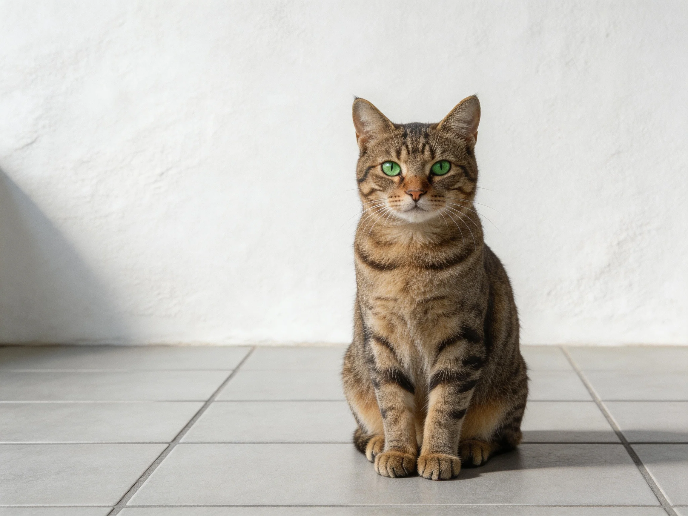 A brown tabby cat with green eyes sits calmly on tiled flooring next to a plain white wall.