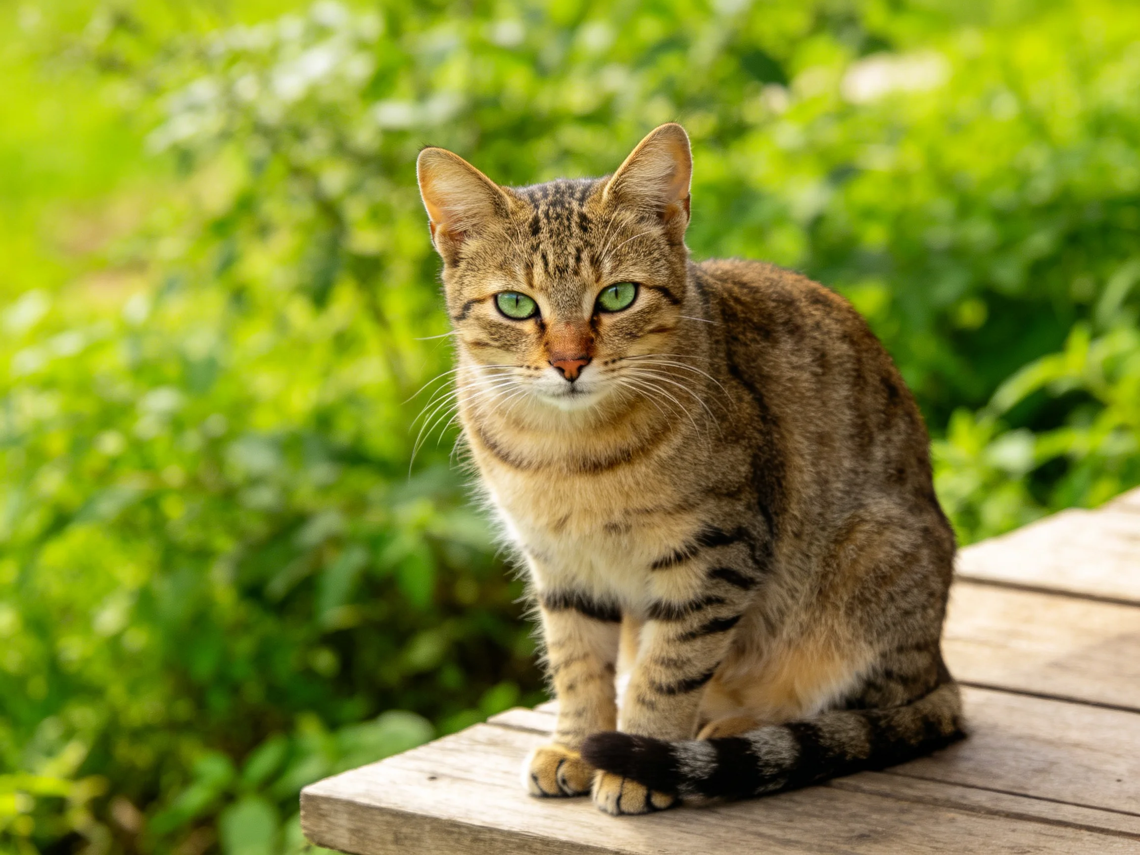 A brown tabby cat with green eyes sits on wood among green plants.