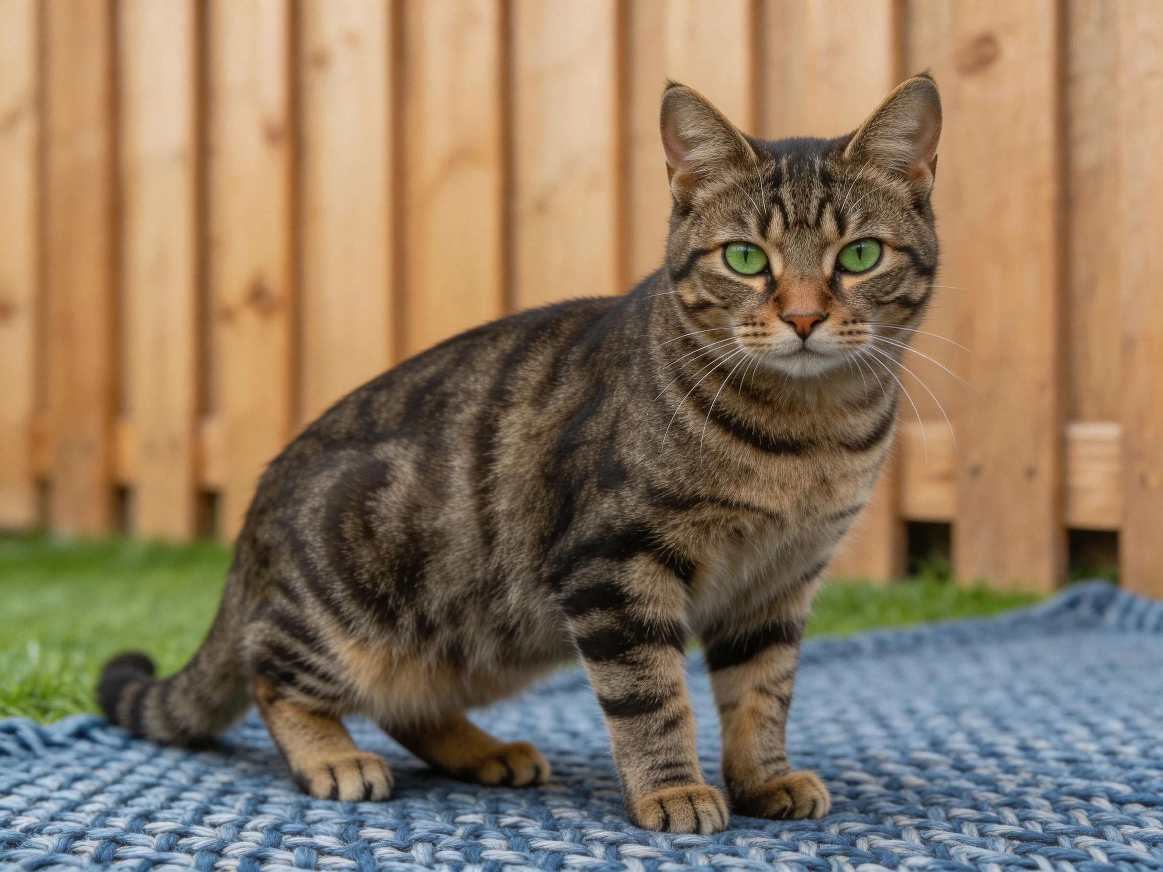 A brown tabby cat with green eyes stands on a blue mat outdoors.