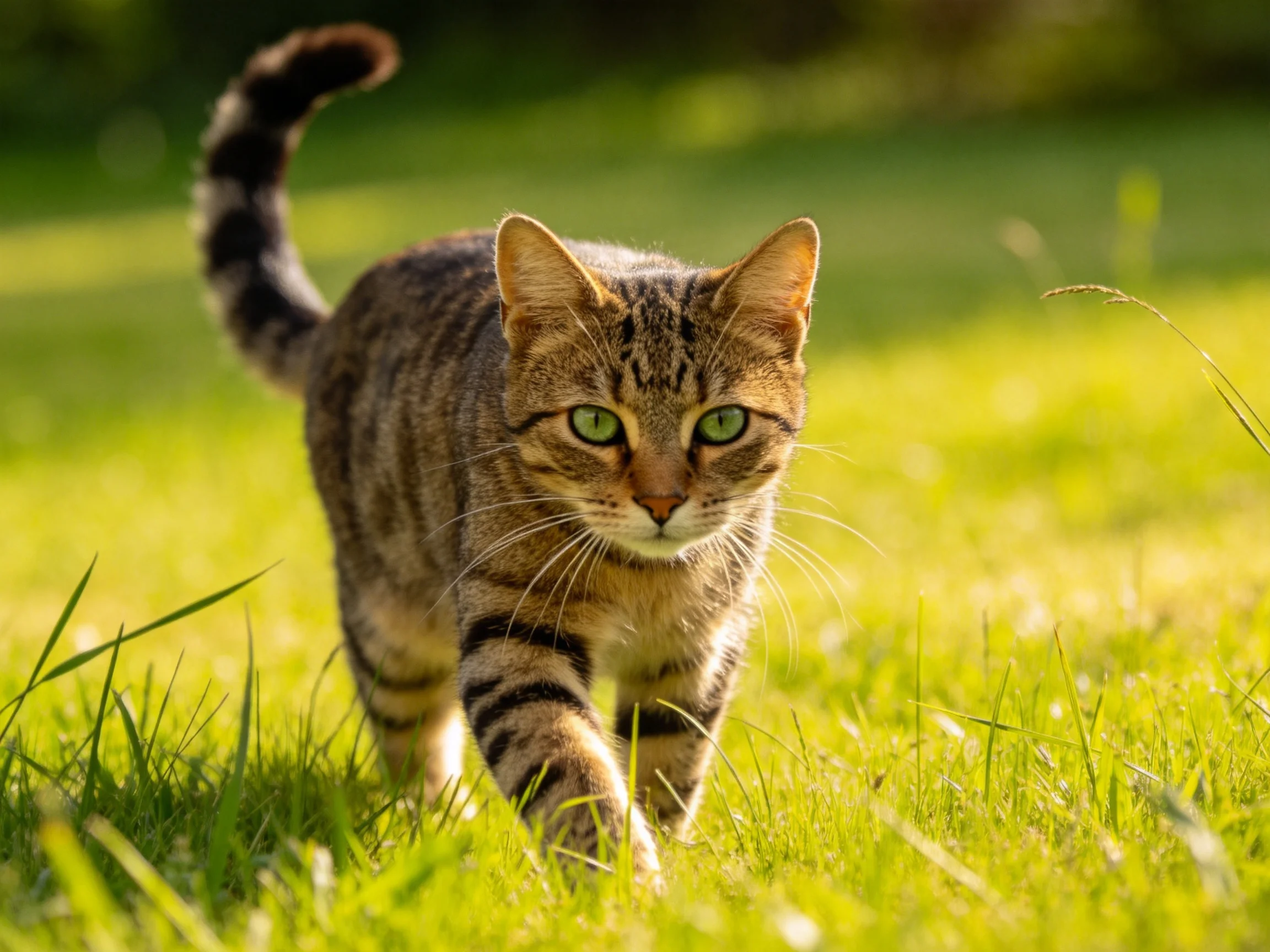 A brown tabby cat with green eyes walks through sunlit grass.