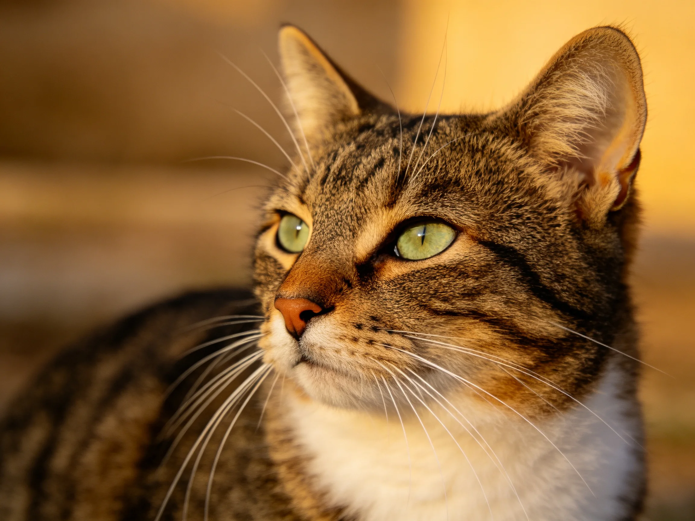 A tabby cat with green eyes gazes attentively.