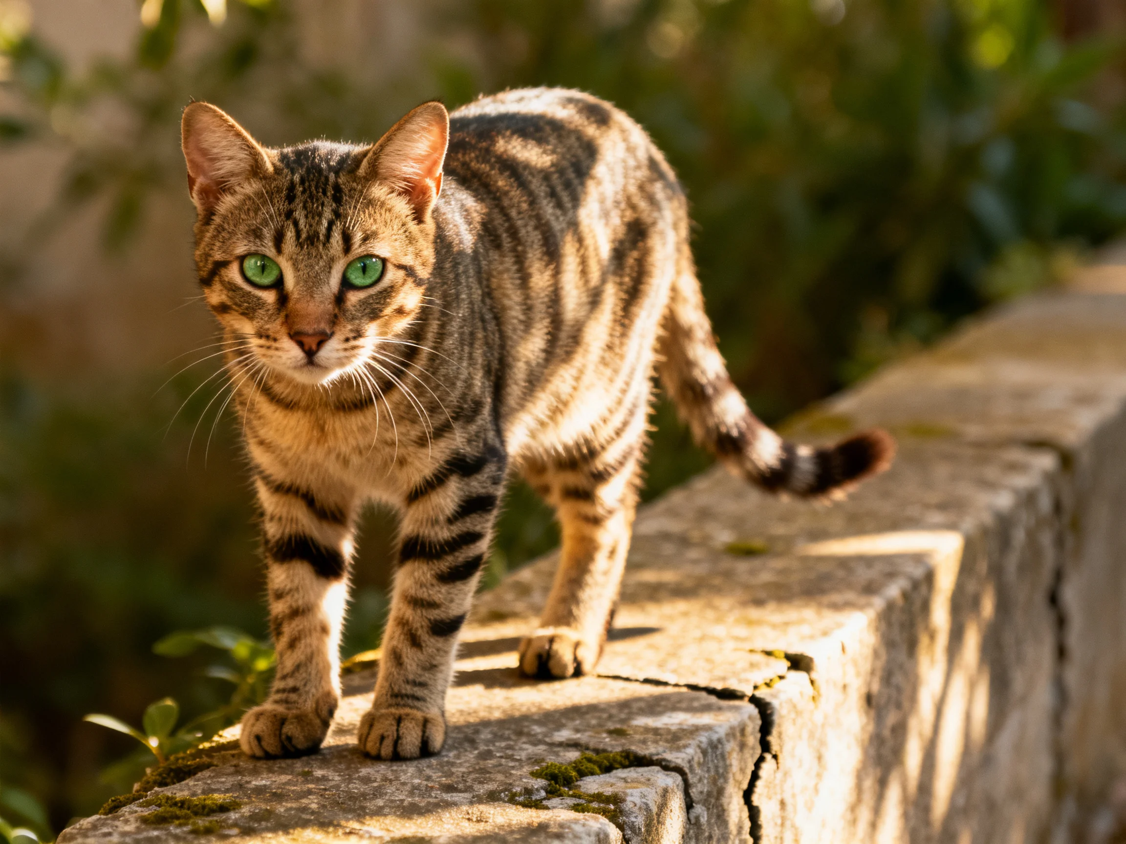 A brown tabby cat with green eyes walks along a stone ledge in a sunlit area.