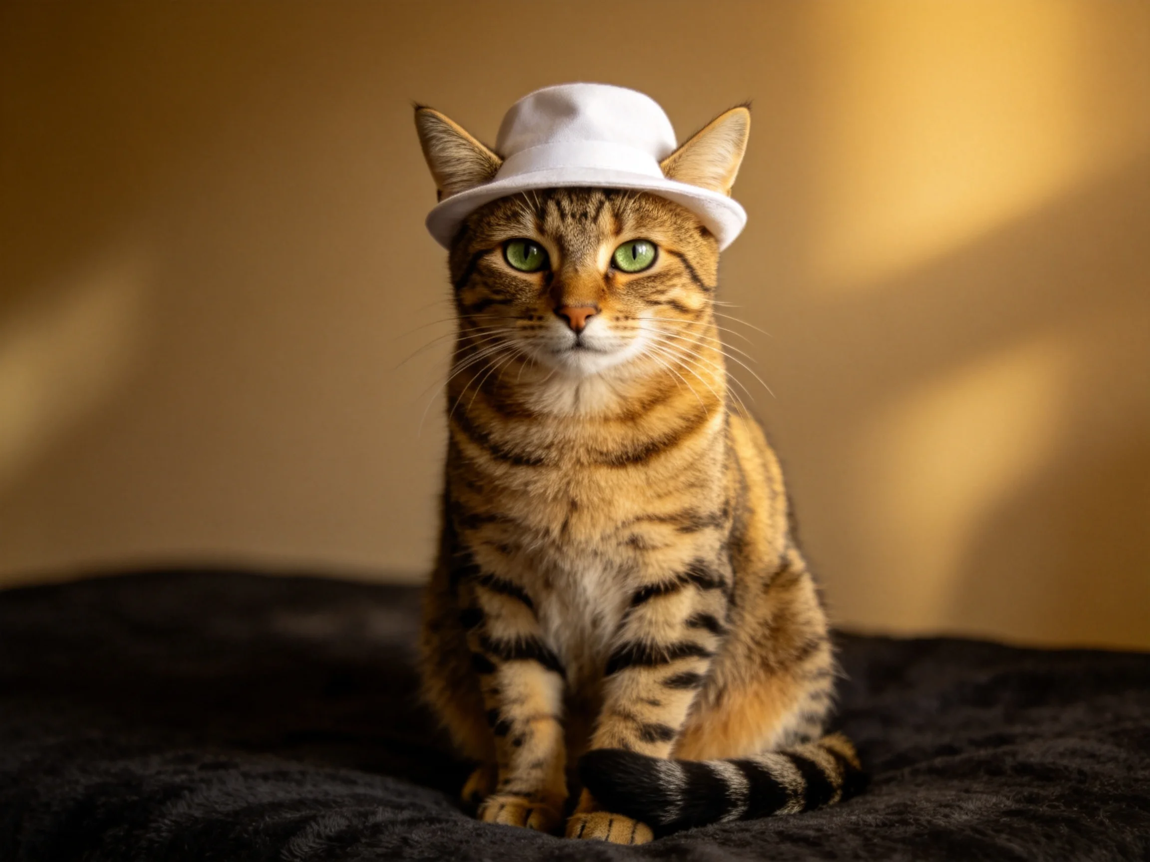 A brown tabby cat with green eyes wears a small white hat on dark fabric