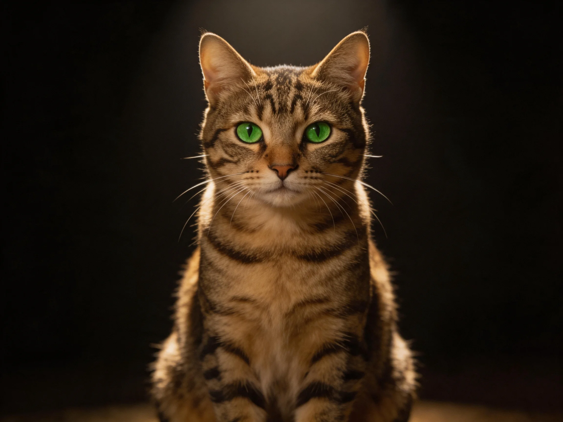 A brown tabby cat with green eyes sits centered against a dark background.