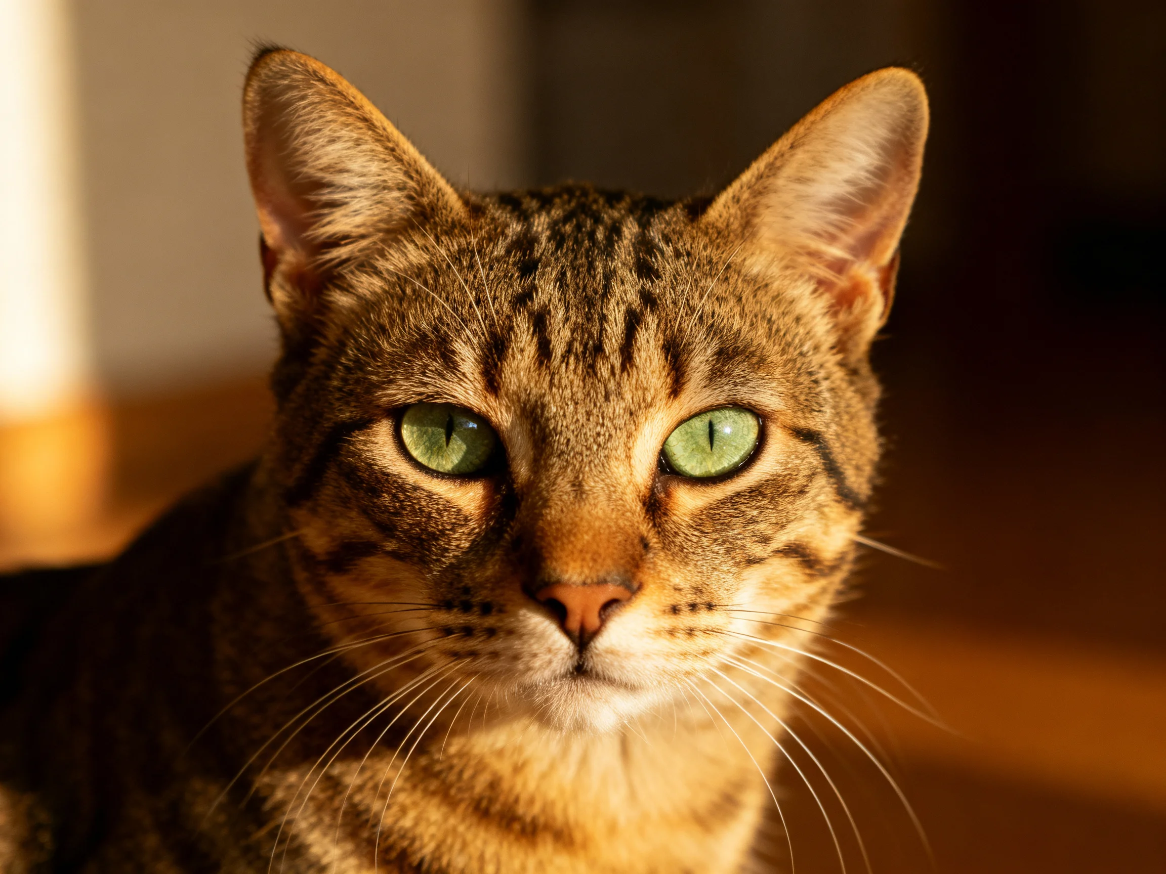 A brown tabby cat with striking green eyes in warm indoor lighting