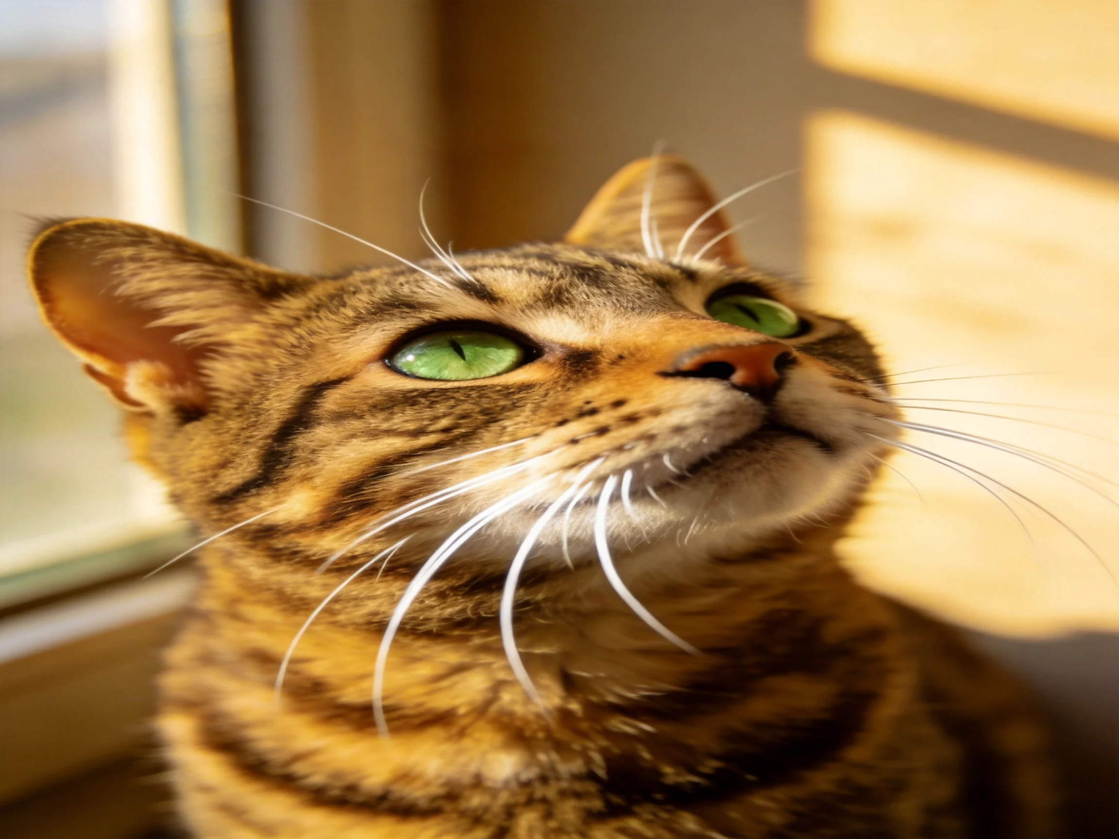 A brown tabby cat with green eyes looks upward next to a sunlit window.