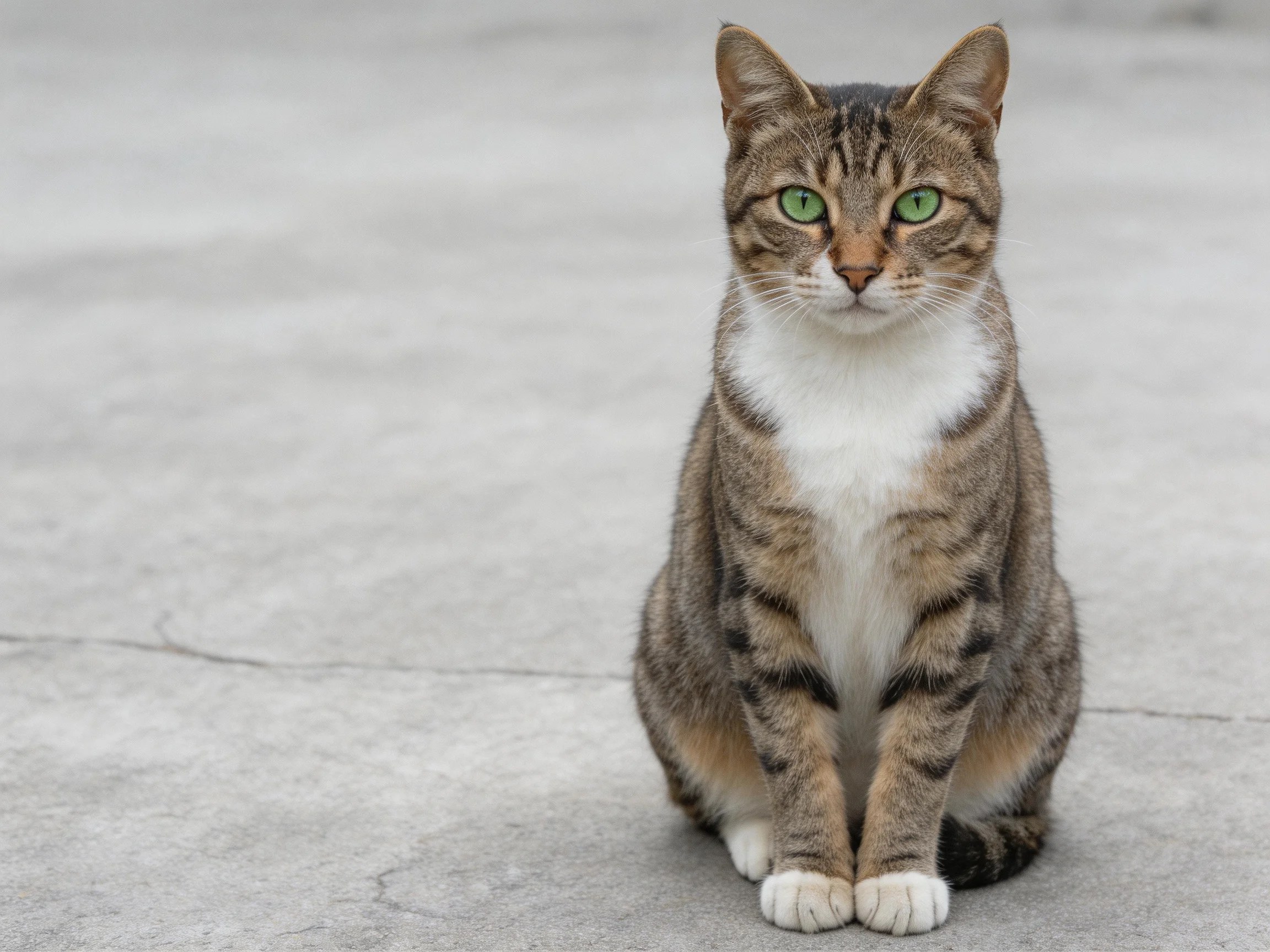 A brown tabby cat with green eyes rests on a concrete surface.