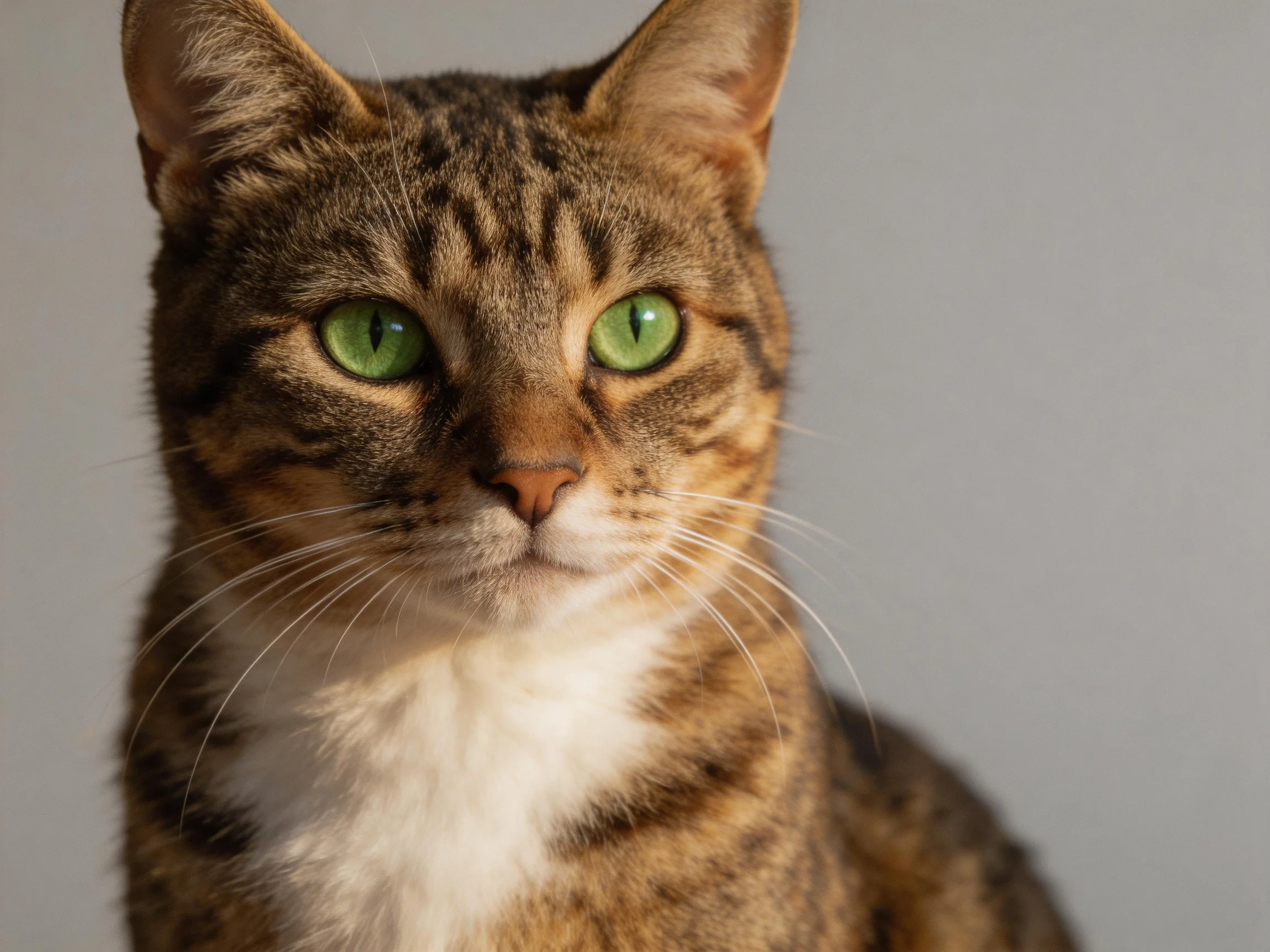 A brown tabby cat with vivid green eyes looks directly ahead against a plain background.