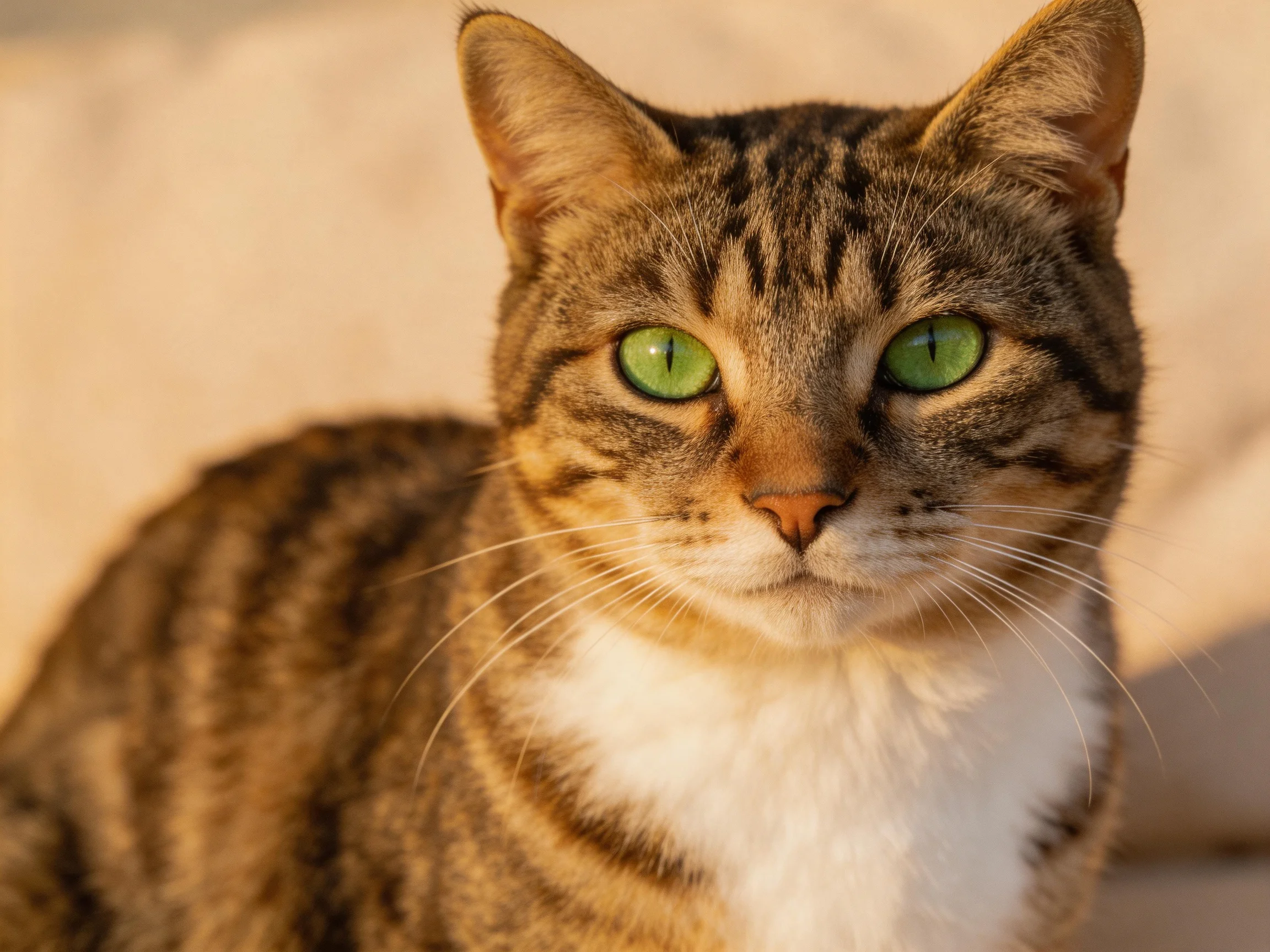 A brown tabby cat with vivid green eyes rests in warm lighting.