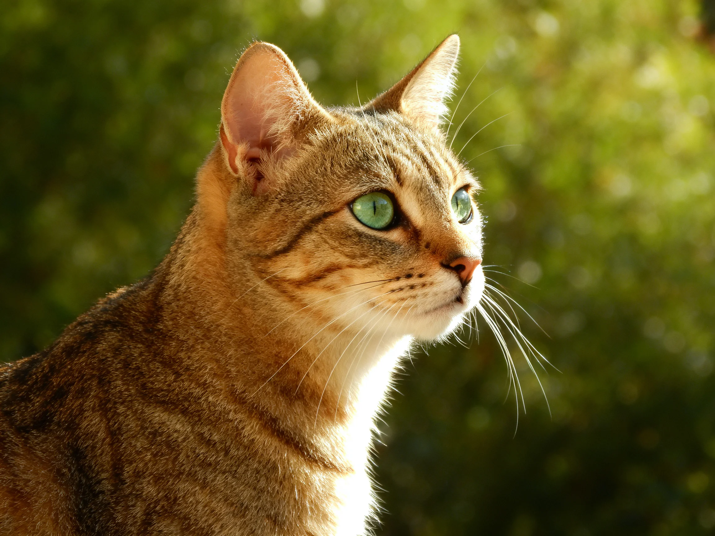 A brown tabby cat attentively looks outdoors near green foliage.