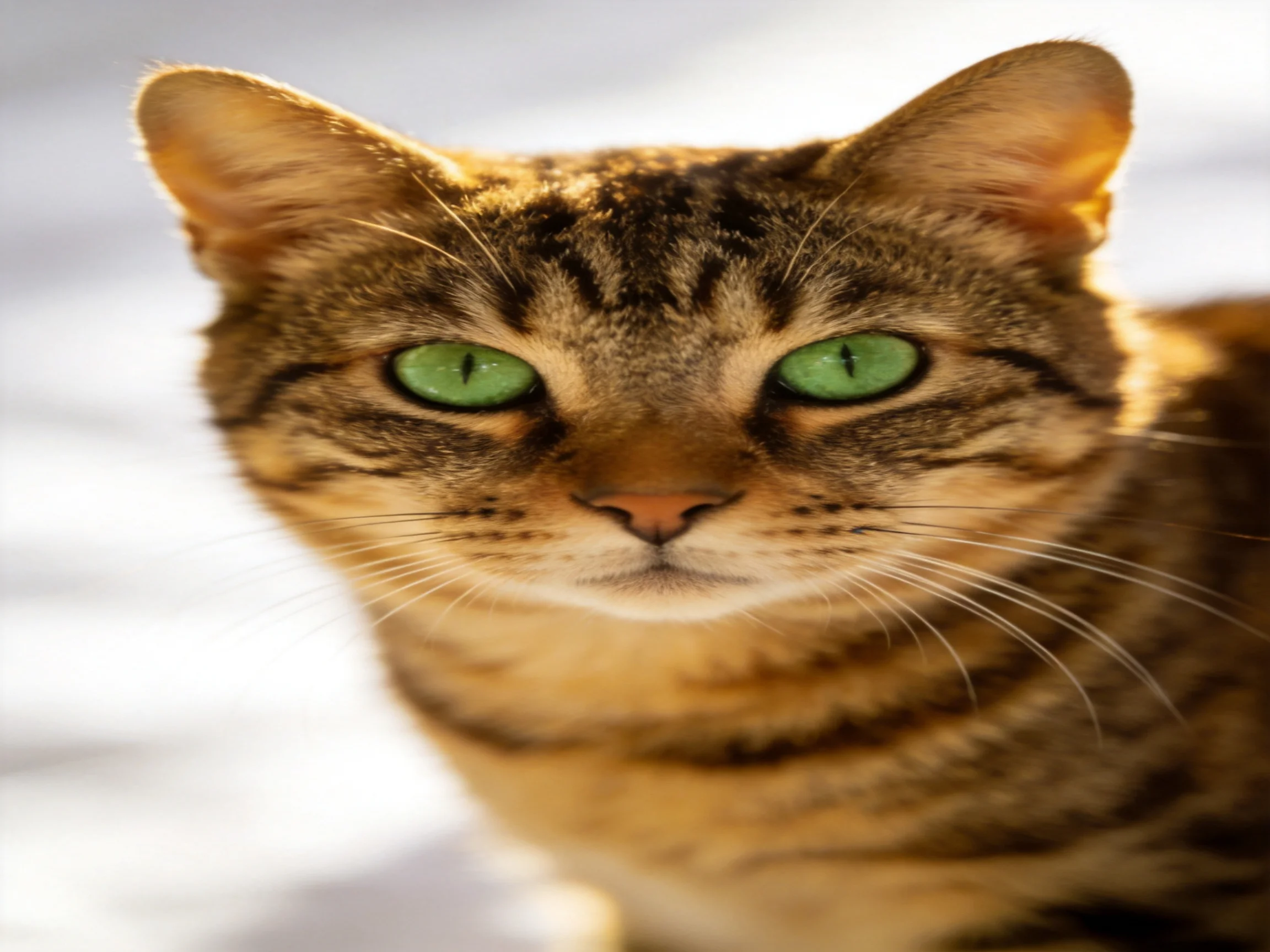 A brown tabby cat with vivid green eyes is photographed closely under natural light.