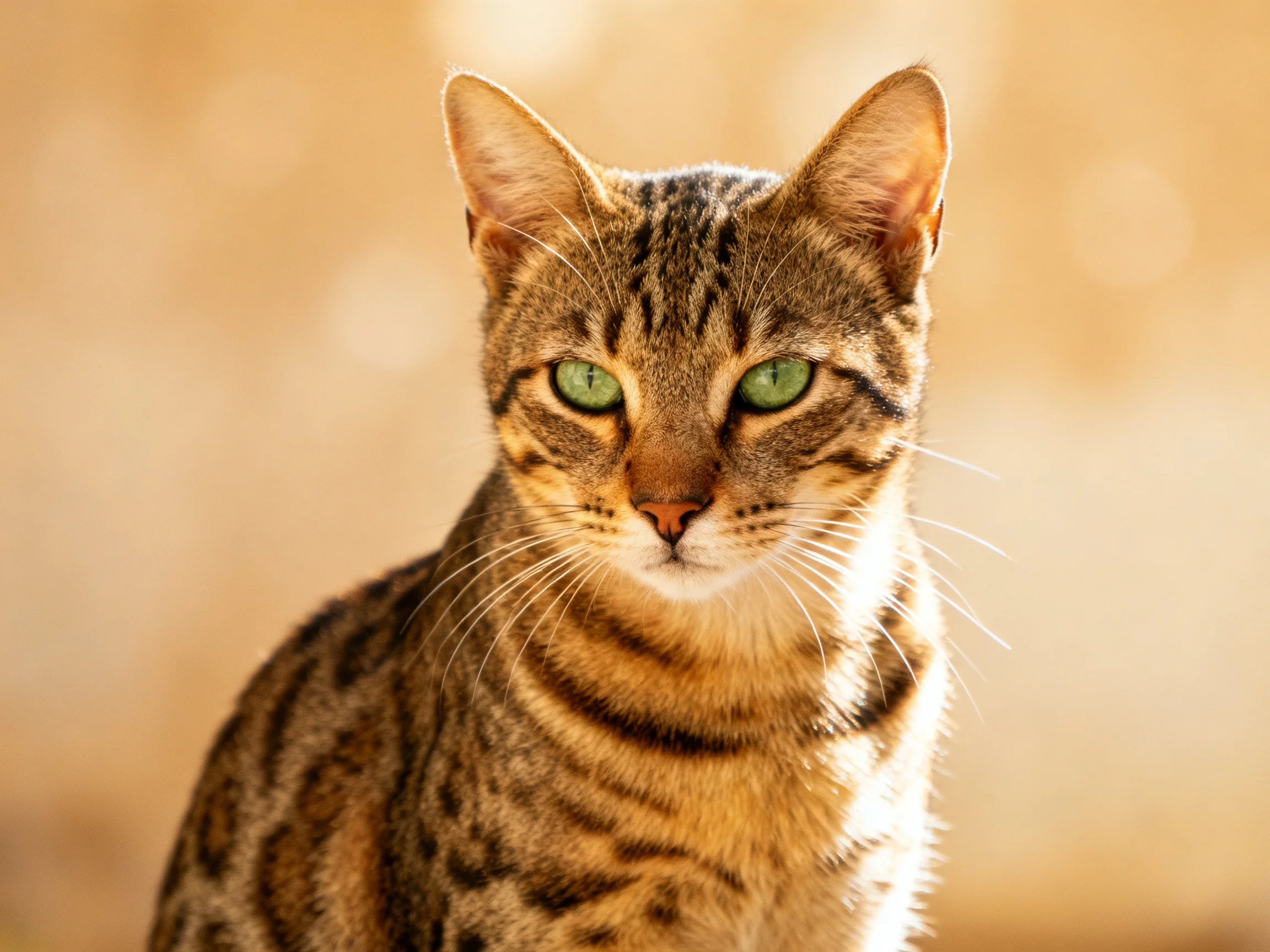 A brown-tabby cat with green eyes is shown in a softly lit setting.