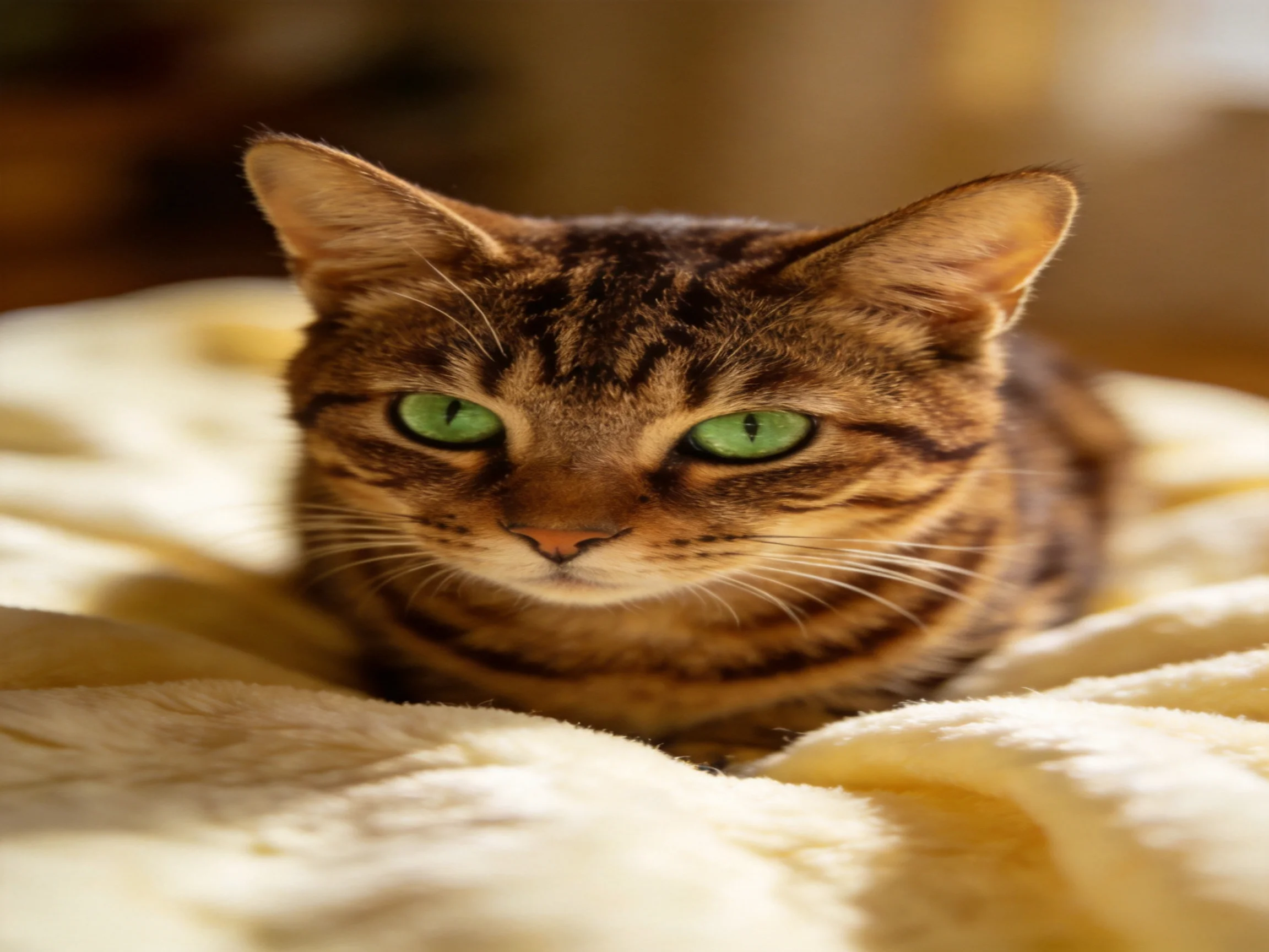 A brown tabby cat with vivid green eyes lounges on a plush cream blanket