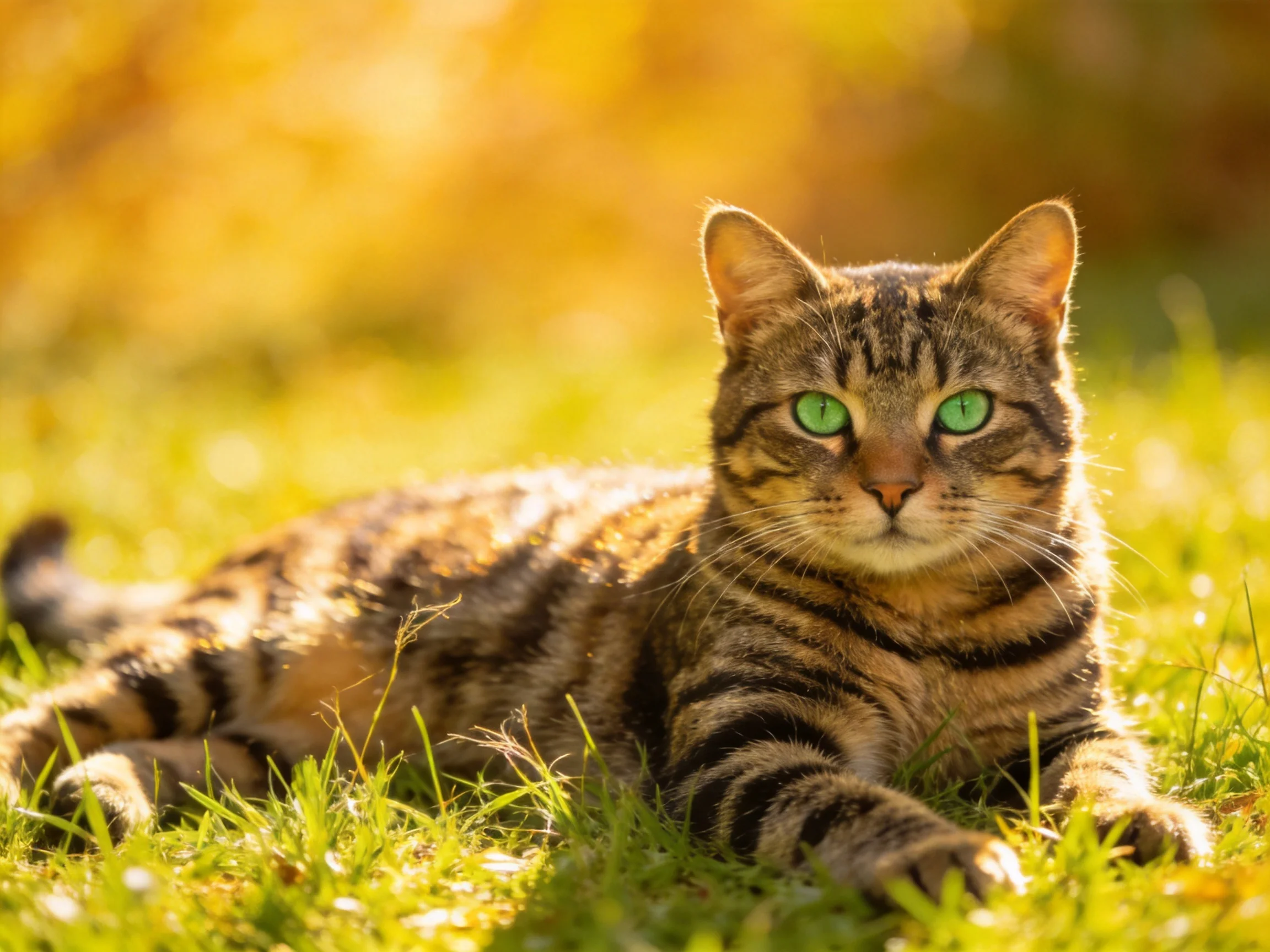 A tabby cat with green eyes relaxes on sunlit grass.